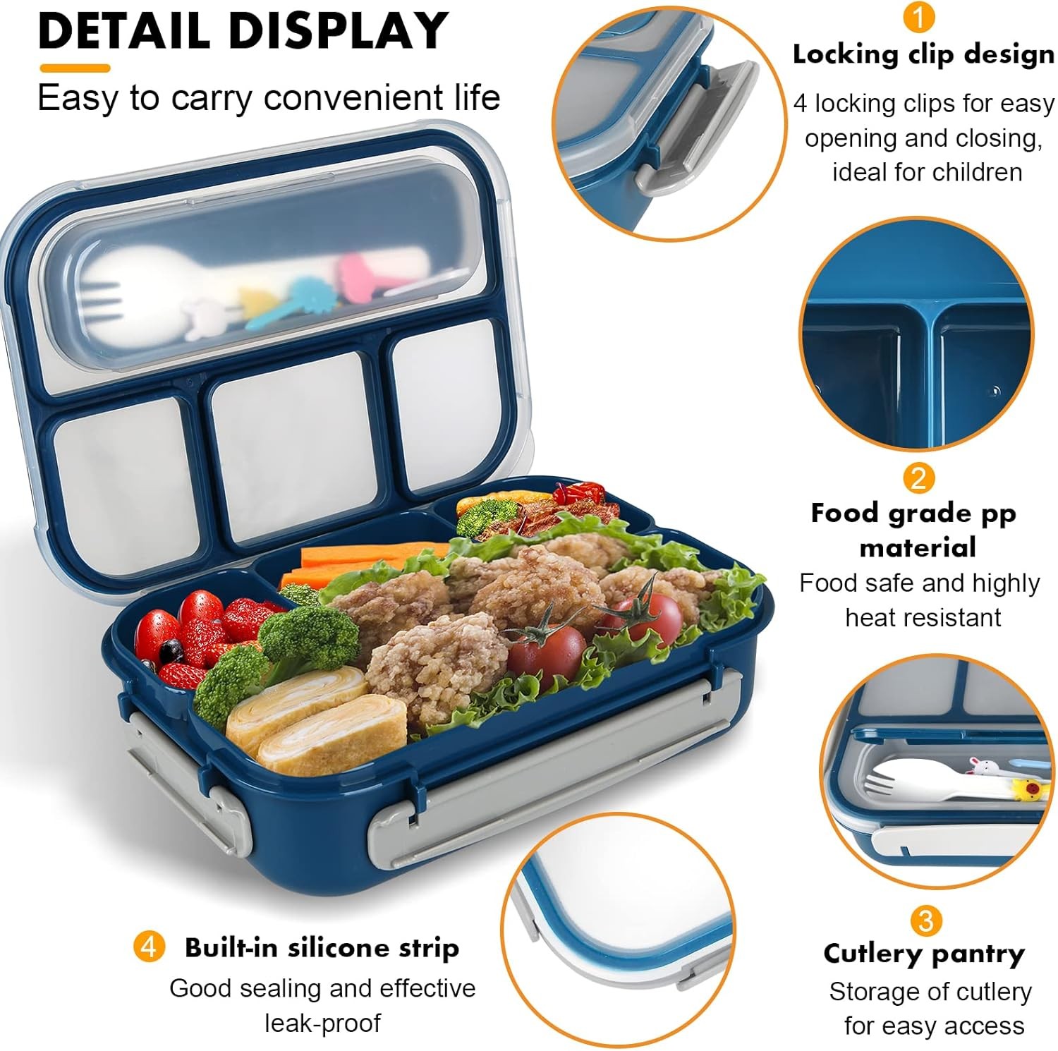 Bento Box, Lunch Box Kids, 1300ML Adult with 4 Blue