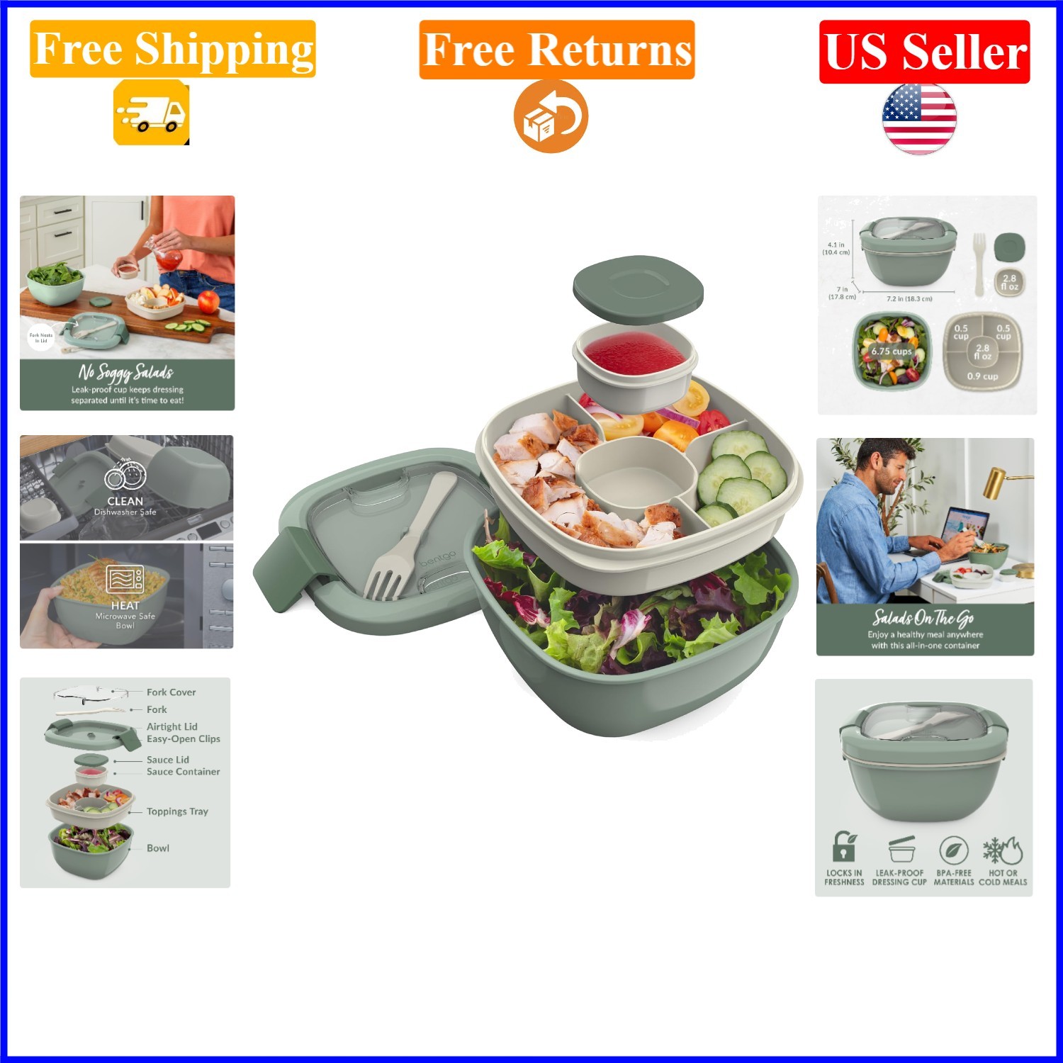 Adult Khaki Green 54oz Salad Container with 4 Compartments & Accessories