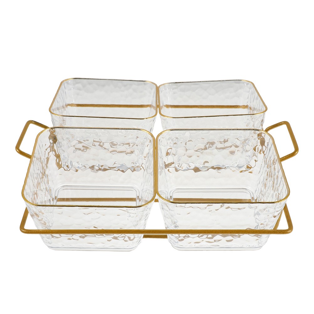 Four Compartment Clear Acrylic Snack Tray Bowl With Metal Rack For Serving