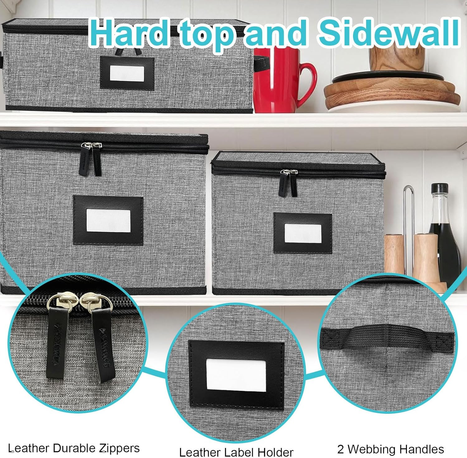 5-Pack Quilted Dish Storage Boxes for 48 Plates & 12 Cups – Grey