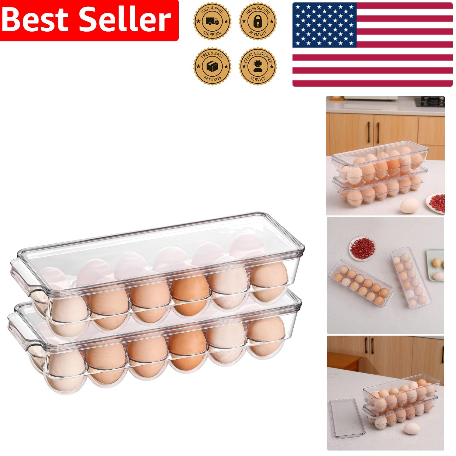Fridge Egg Tray 2 Pack 12 Eggs Clear Plastic Cover Stackable Kitchen Storage BPA
