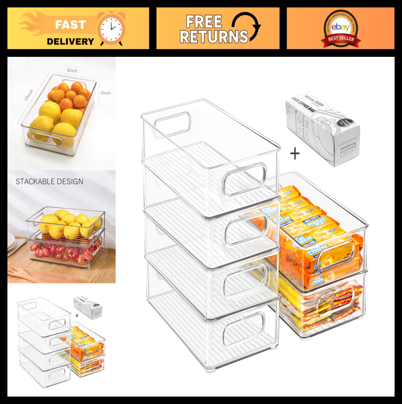 Stackable Clear Refrigerator Organizer Bins – 6 Pack with Handles & 20 Plastic B
