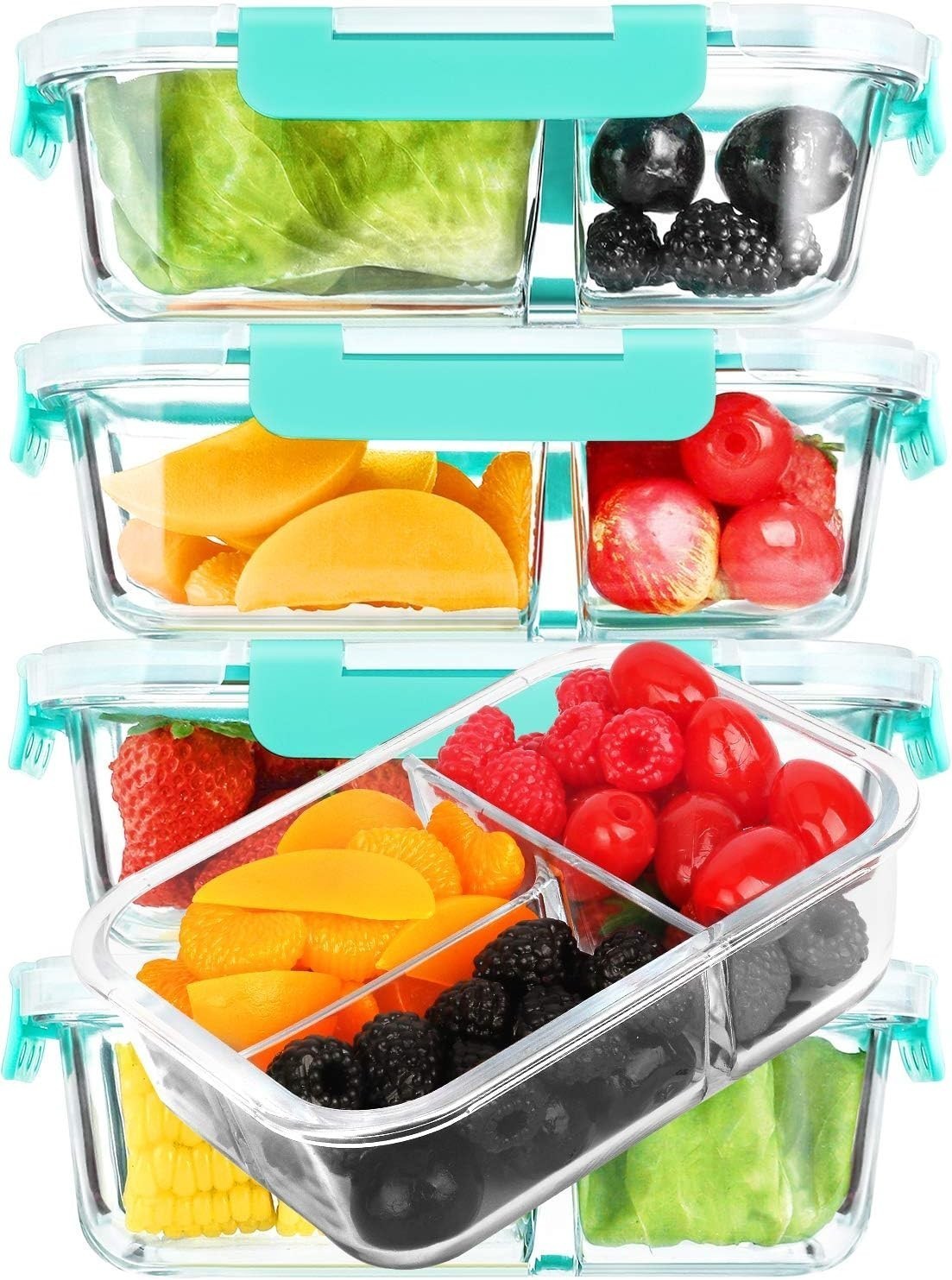 [5-Pack 36 oz] Glass Meal Prep Containers 3 Compartment W/ Lids Glass Lunch