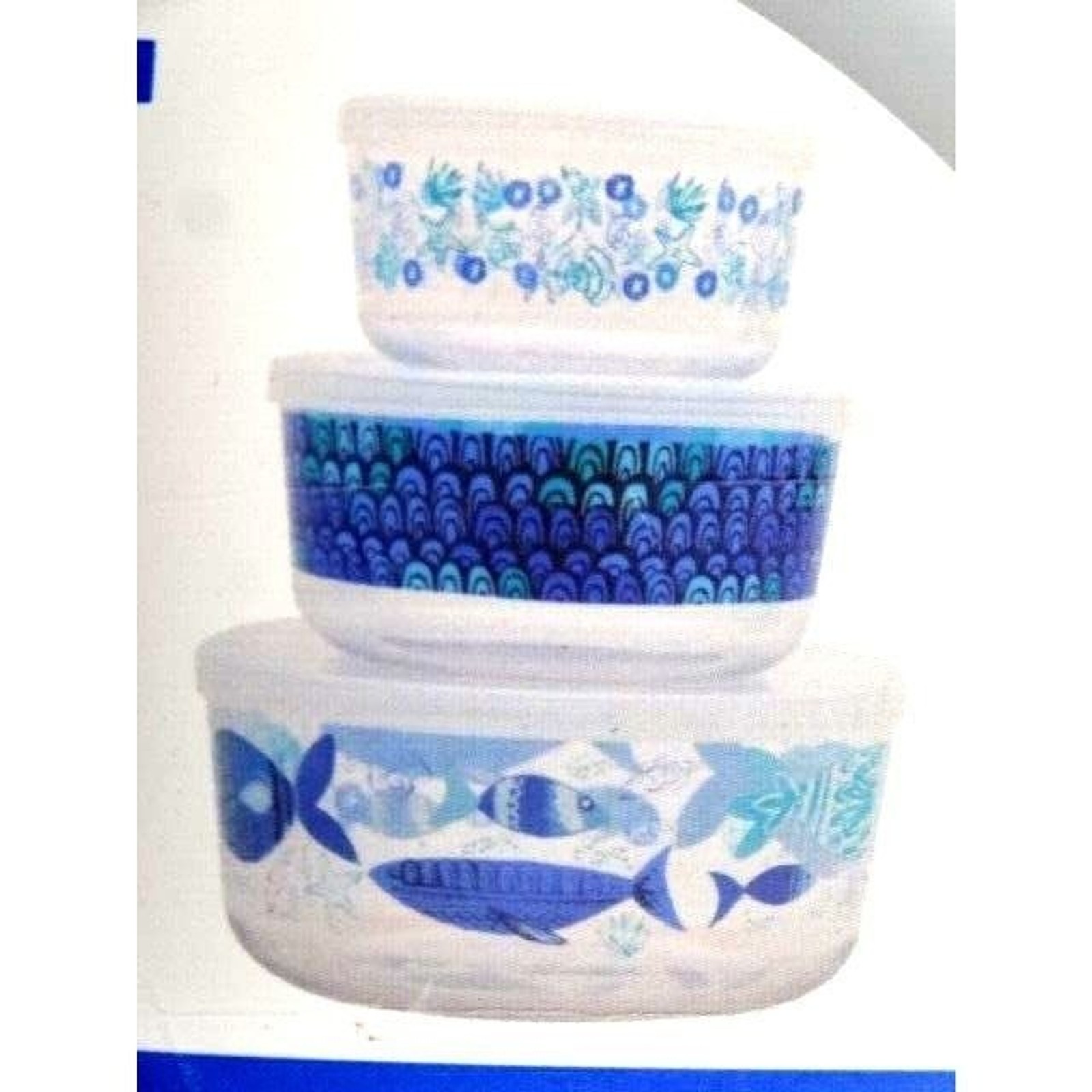 Nautical Fish Nesting Bowls 3-pc Clear Acrylic Plastic Lids BPA Free Gift NEW