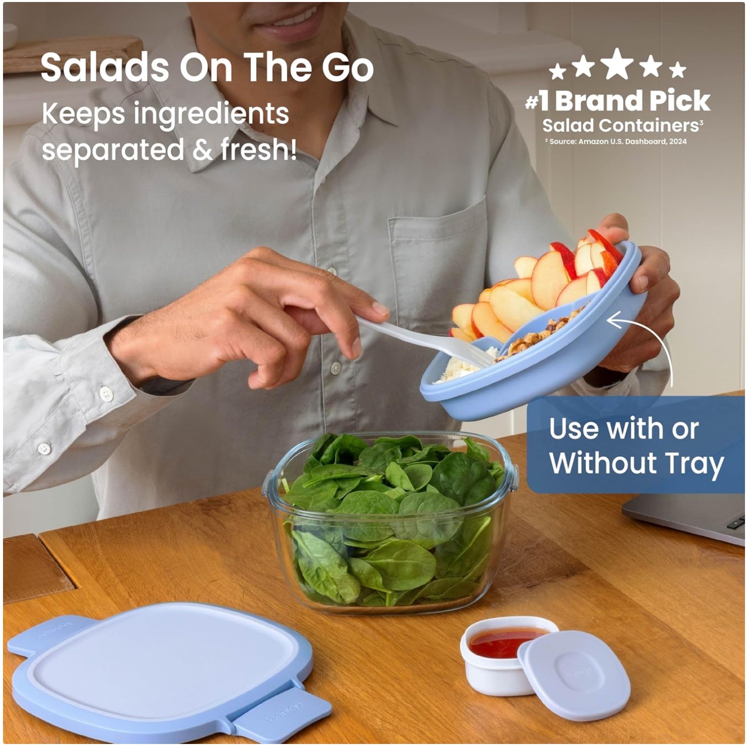 All-in-One Glass Salad Bowl – 4-Compartment Tray, Light Blue