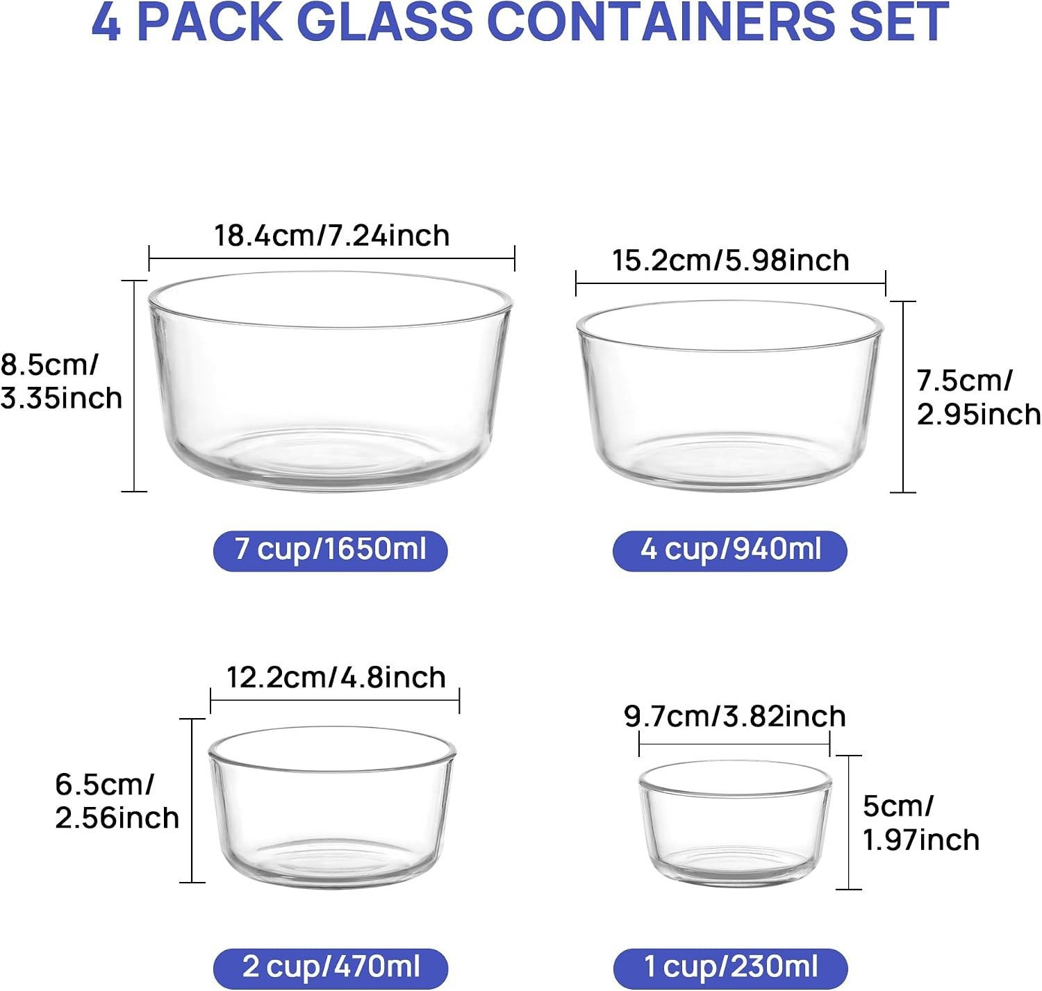 4 Pack Glass Bowls with Lids 1, 2, 4, 7 Cup, Food Storage Containers, Meal Pr…
