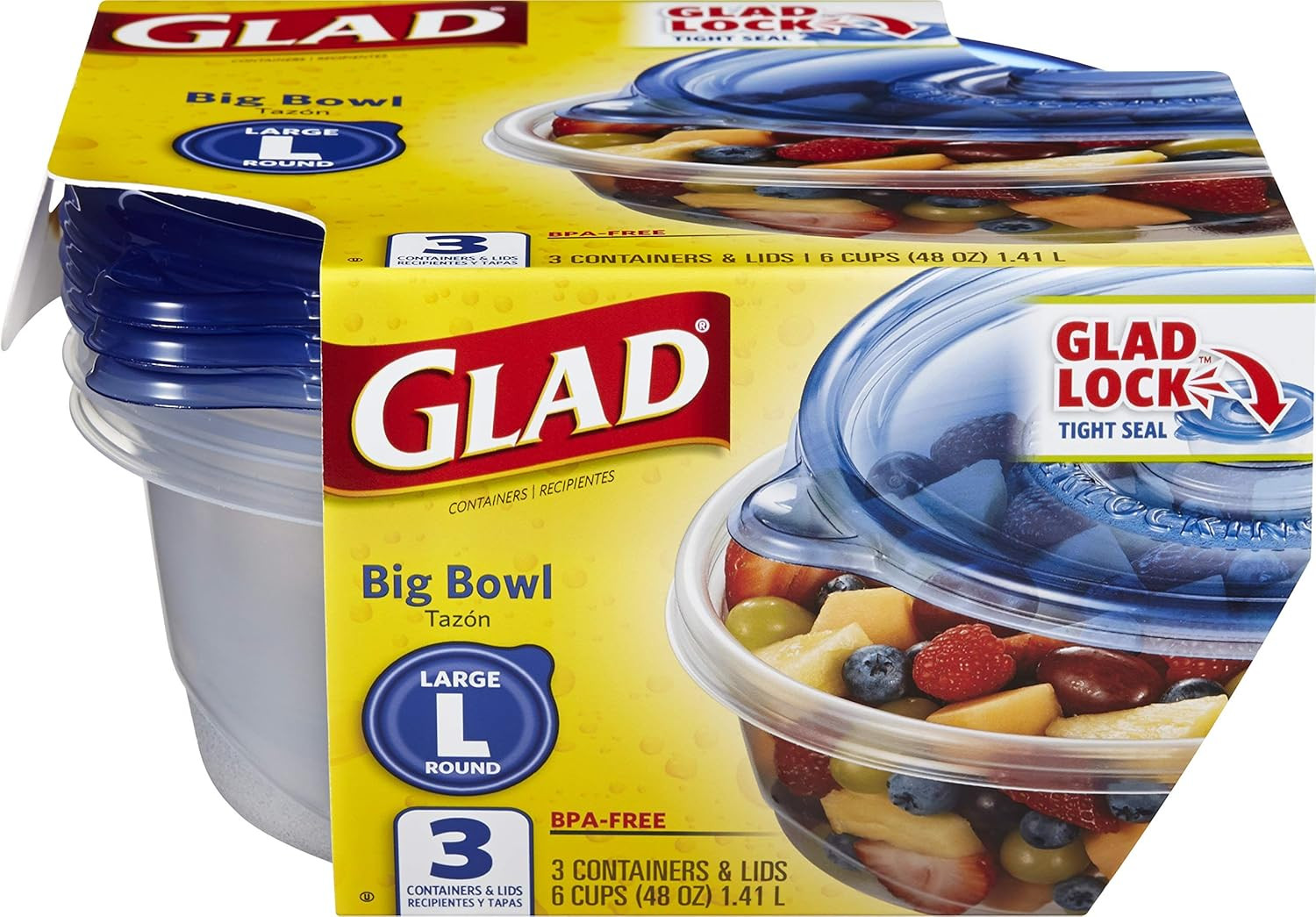 Glad Gladware Big Bowl Food Storage Containers with Lids, Large round No BPA Pla