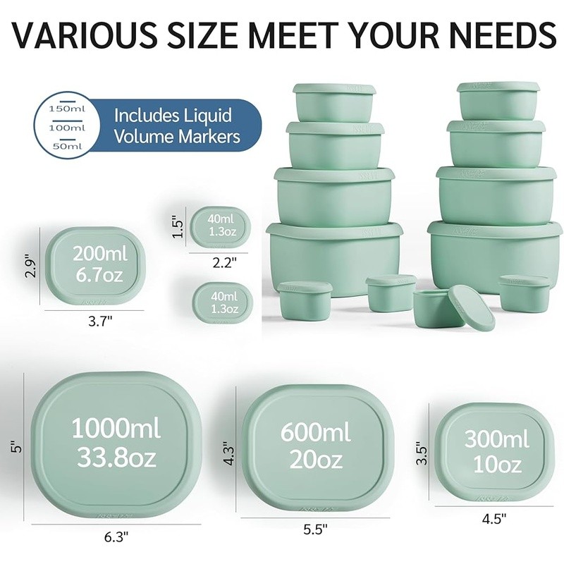 Nesting Silicone Food Storage Containers Set Airtight Leakproof Meal Prep 12pcs