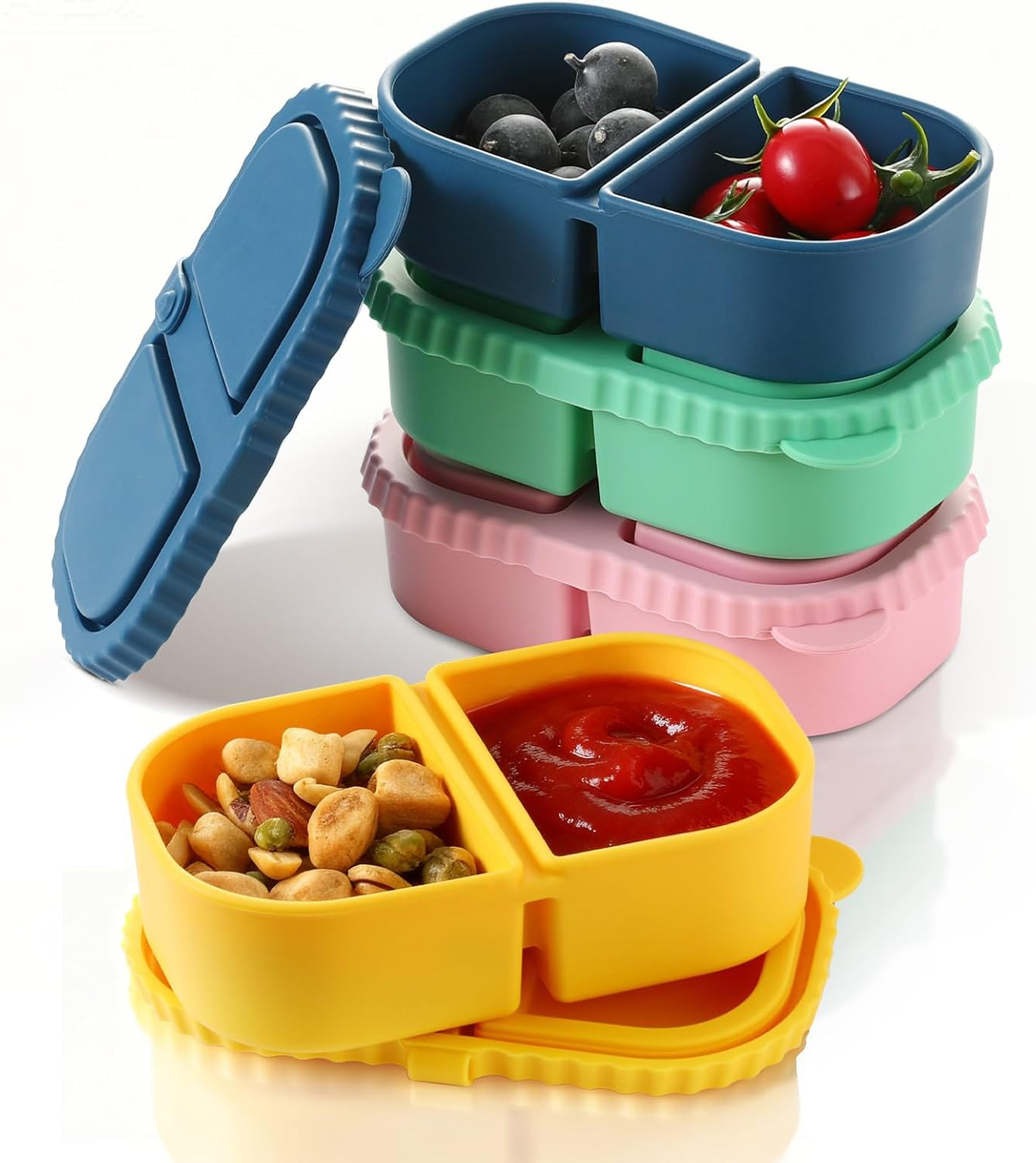4 Pack Silicone Reusable Snack Containers with Lids – Double Compartment Snackle