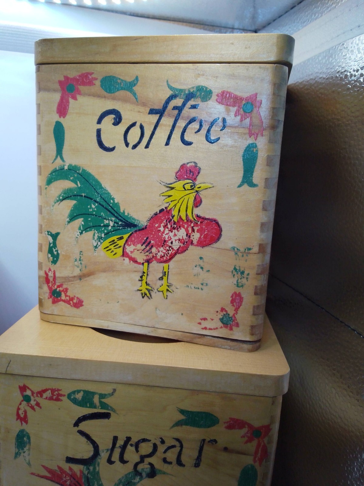 Vintage MCM Wooden Rooster Nesting Kitchen Canister Set Flour Sugar Coffee Japan