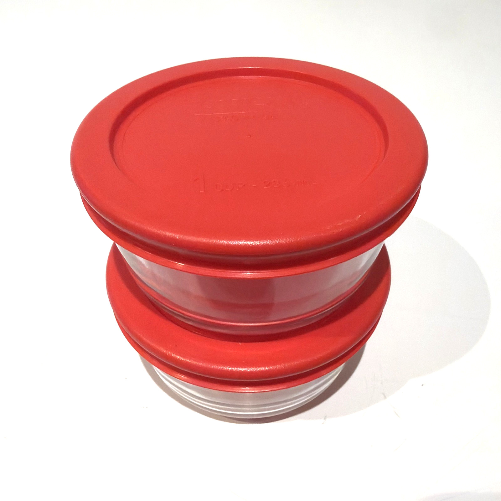 Pyrex 7202 1-Cup Glass Storage Bowls w/ 7202-PC Poppy Red Plastic Lids – 2 Pack