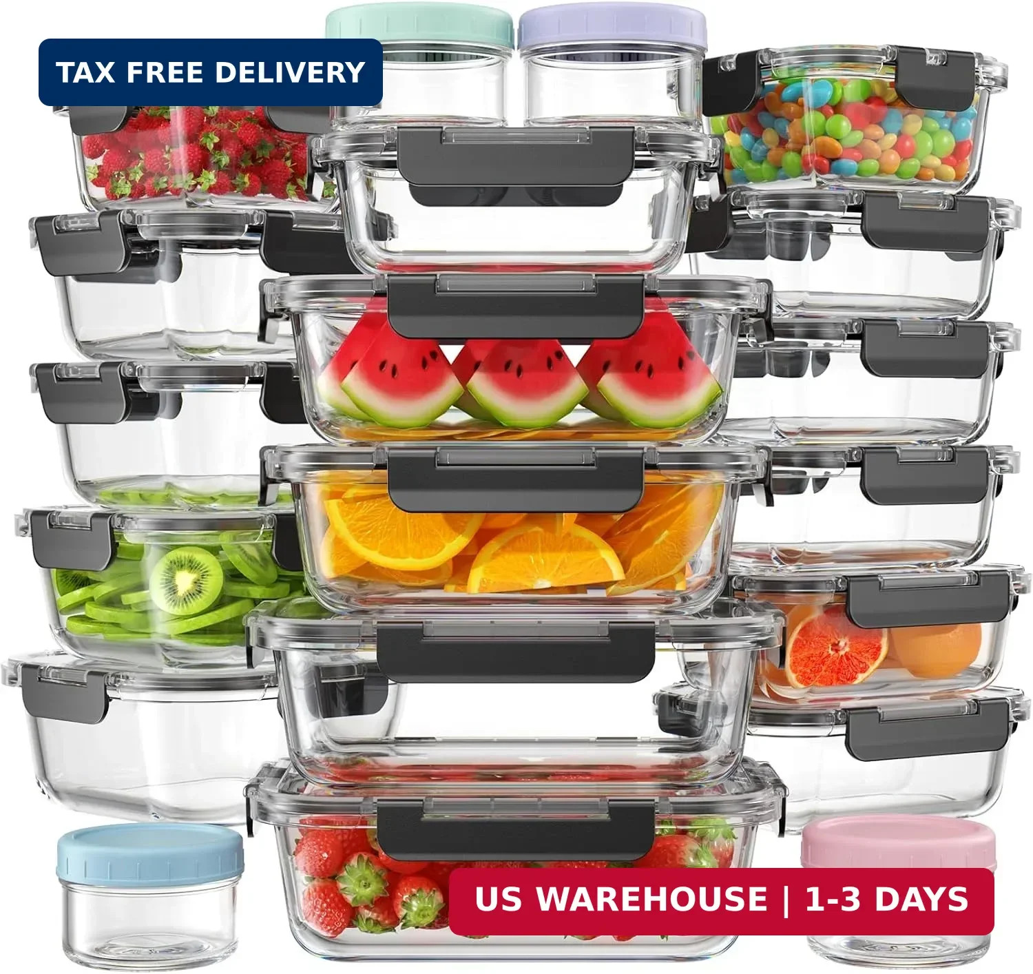 KEMETHY 40 PCS Glass Food Storage Containers with Lids(20 Container & 20 Lid), B