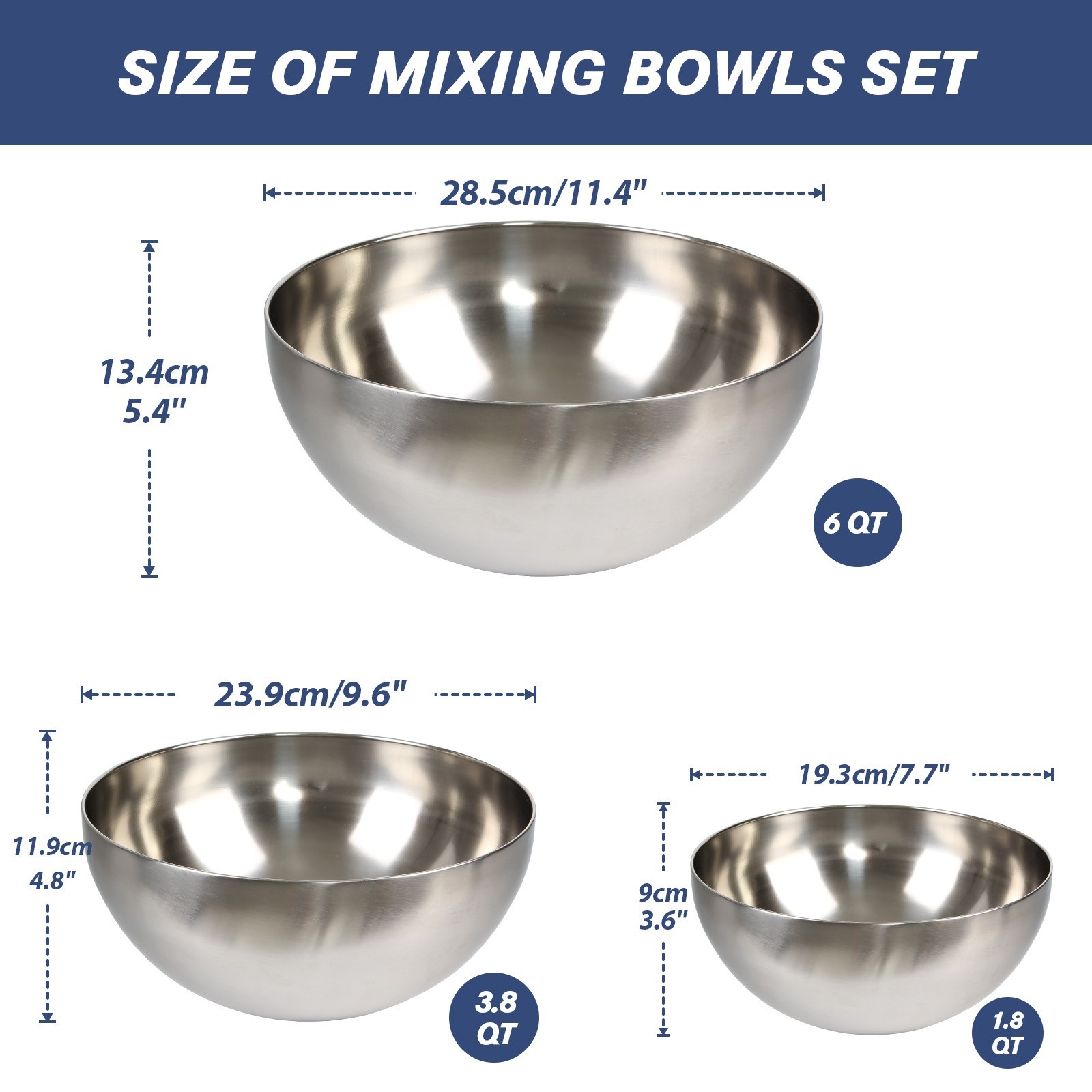 tastyWay 3Pcs Stainless Steel Mixing Bowl w/ Non-Slip Base Nesting Prep Bowl Set