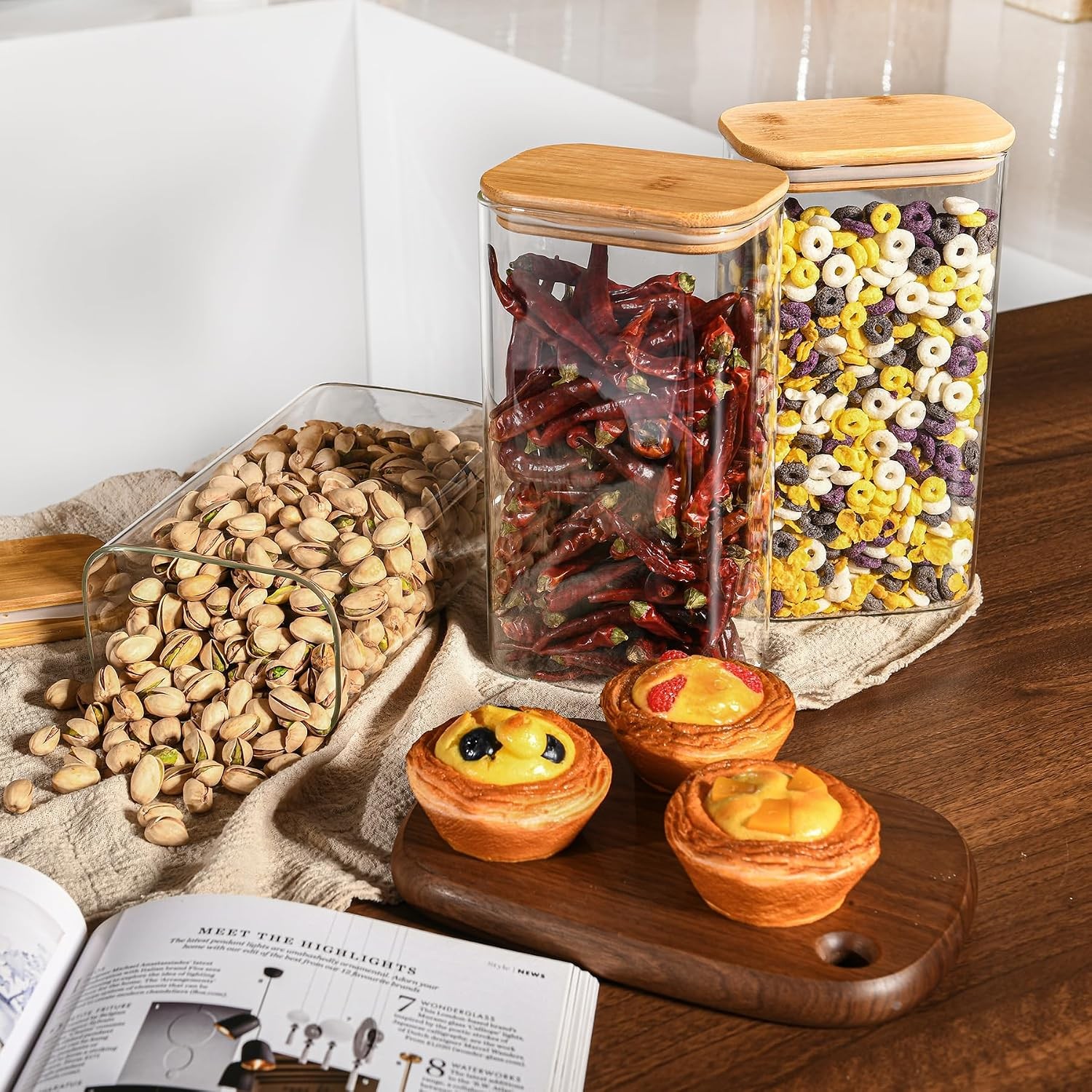 56oz Rectangle Airtight Glass Storage Containers W/ Bamboo Lids Set of 3 Square