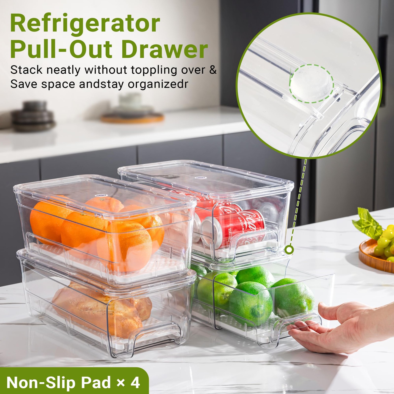 4 Pack Fridge Organizer Drawers Bins, Clear Stackable Pull Out Refrigerator D…