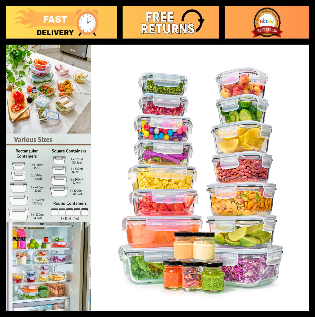 40pc Glass Food Storage Containers Set – Airtight, Leakproof, BPA-Free Meal Prep