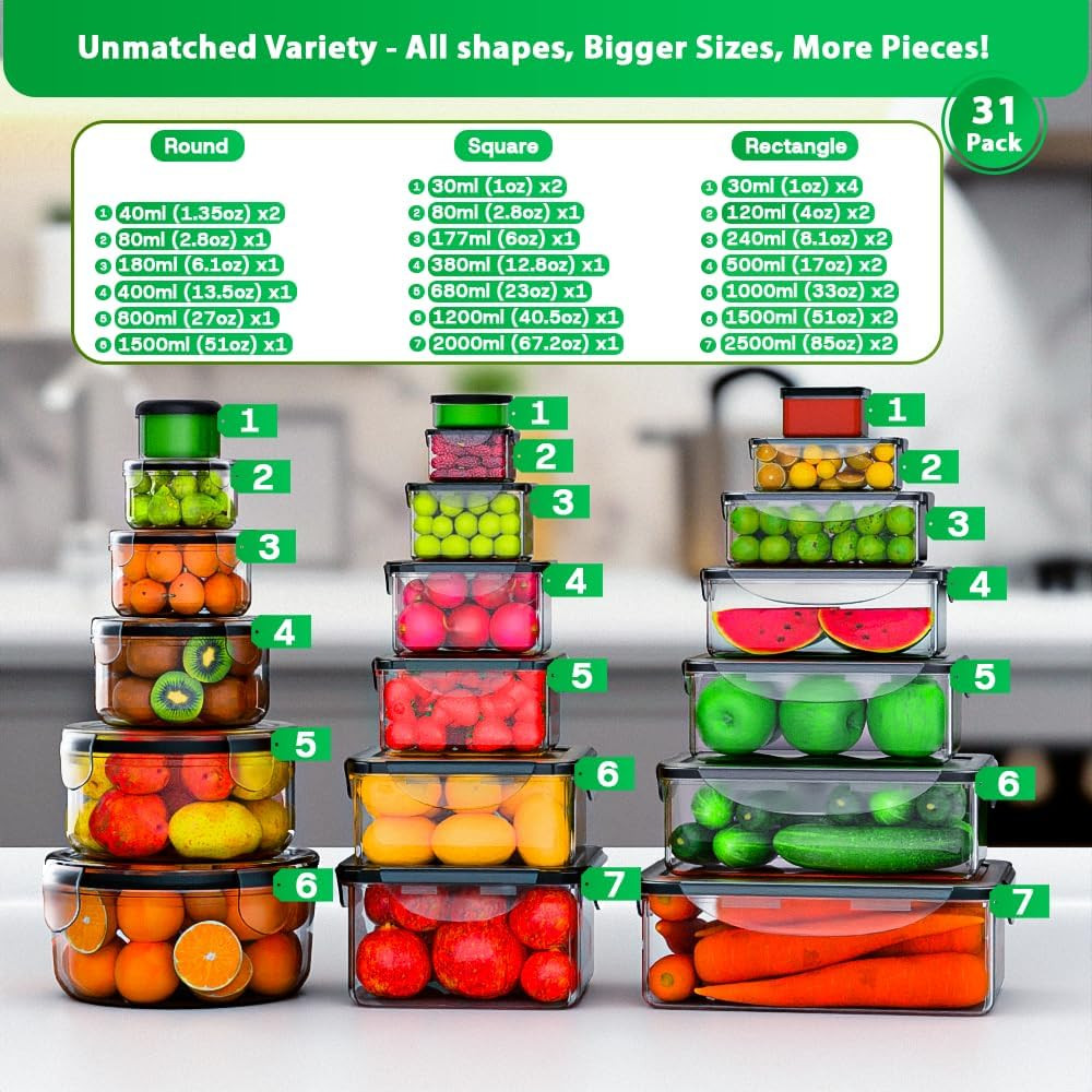 62 Pcs Airtight Food Storage Containers Set – BPA-Free, Leakproof & Reusable