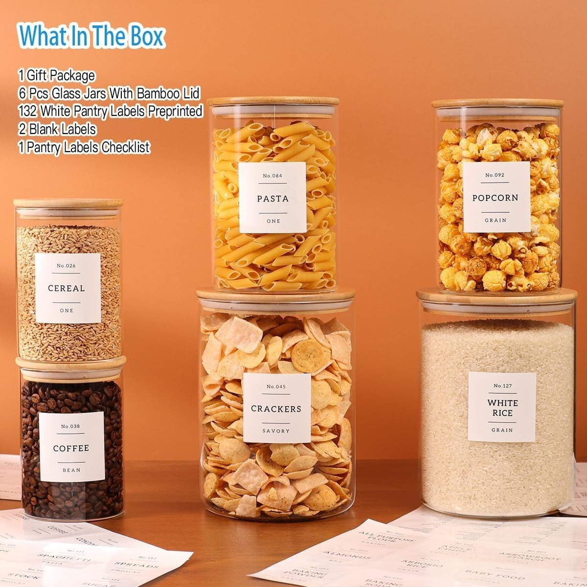 6-Pack Borosilicate Glass Storage Jars W/ Bamboo Lids 132 Pre-Printed Pantry