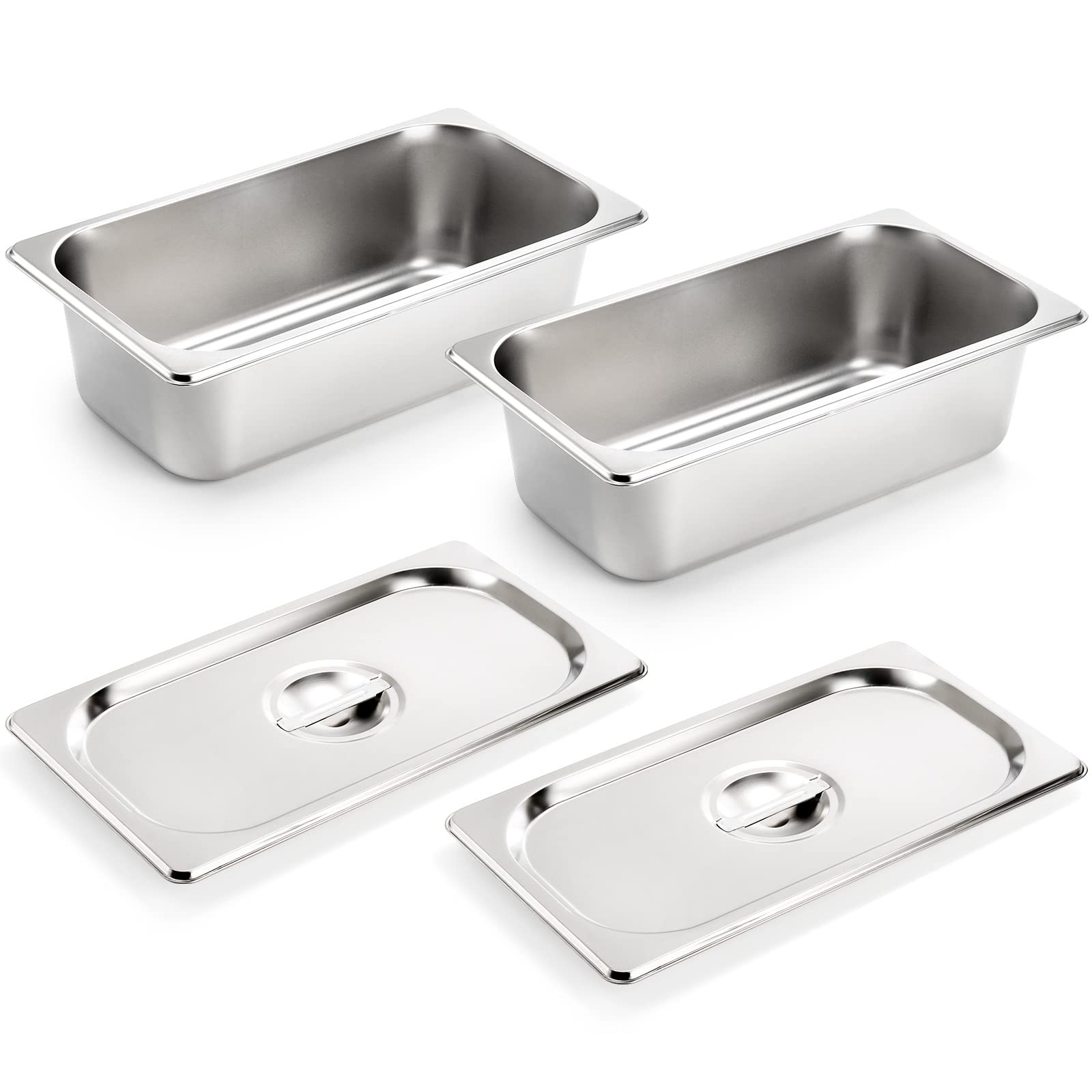 2 Pack 1/3 Size Hotel Pans with Lids, 3-5/8″ Depth, 22 Gauge Steam Table Pan,…
