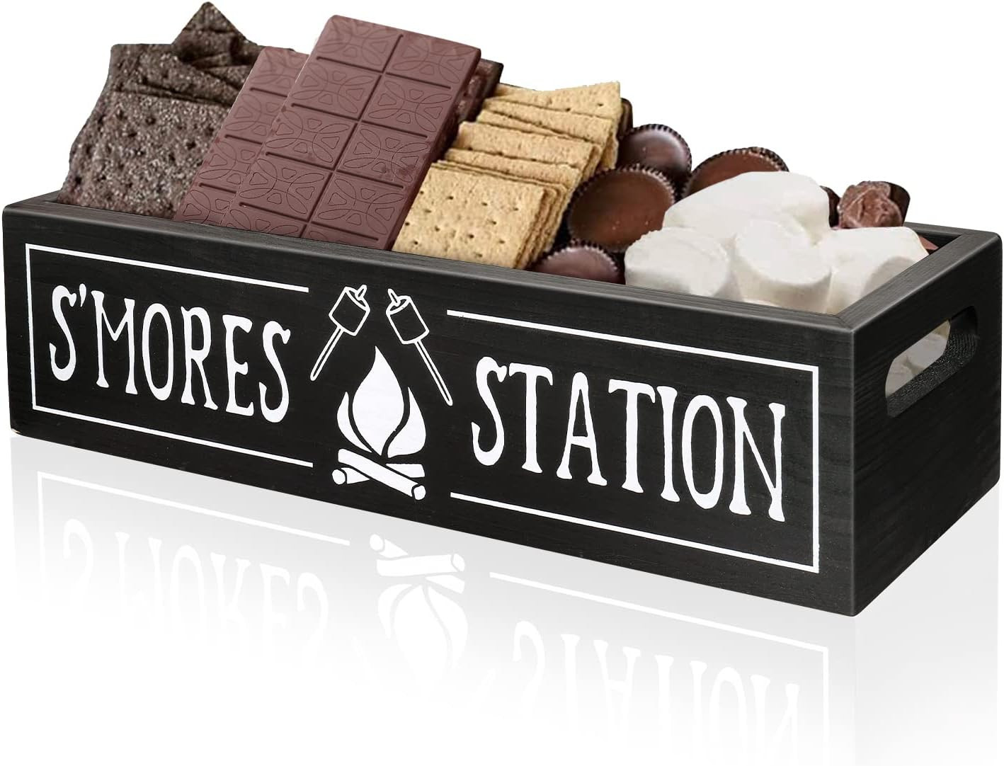 S’Mores Station Box – Wooden Smores Bar Holder Caddy Tray Kit with Handles, Farm