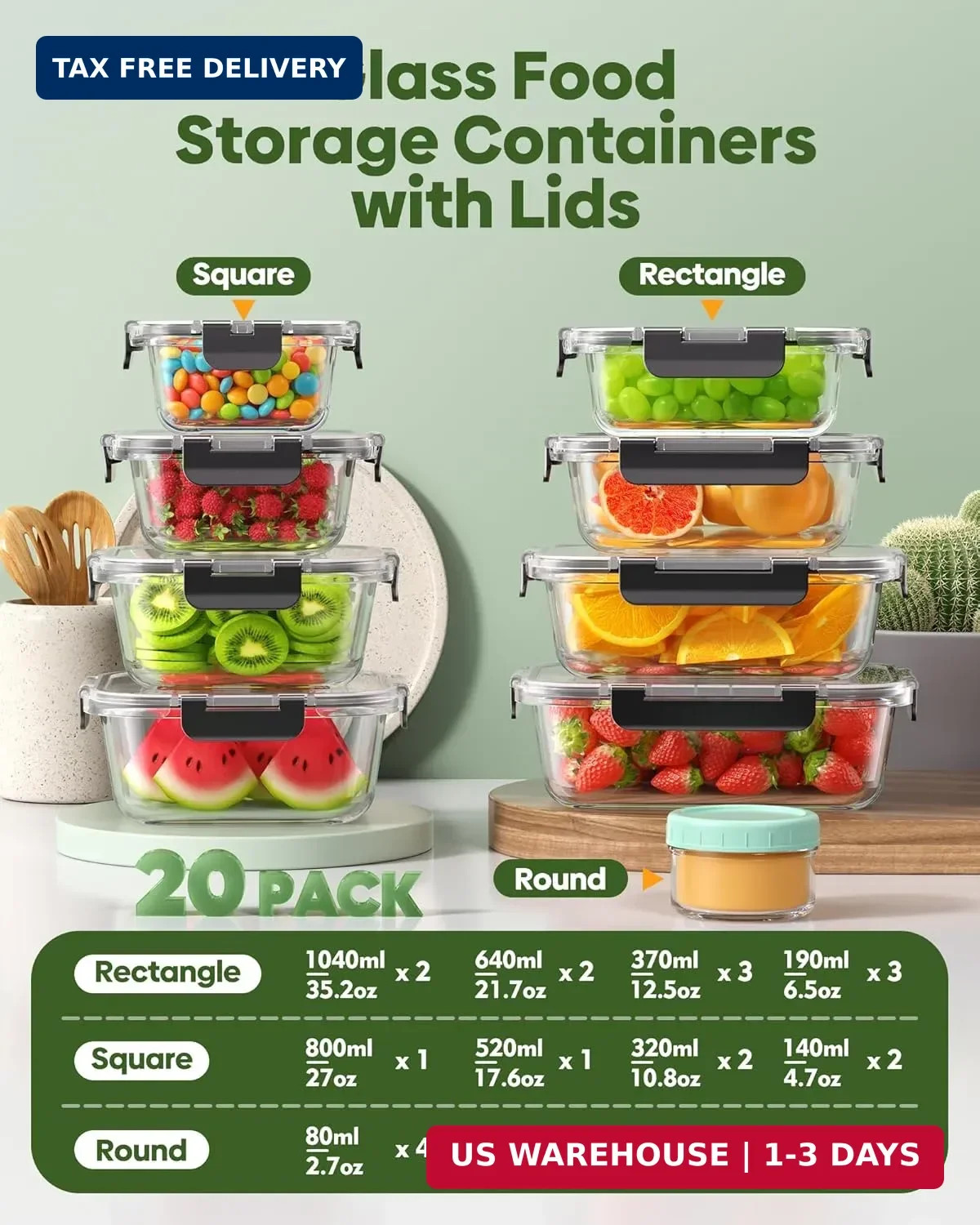 KEMETHY 40 PCS Glass Food Storage Containers with Lids(20 Container & 20 Lid), B
