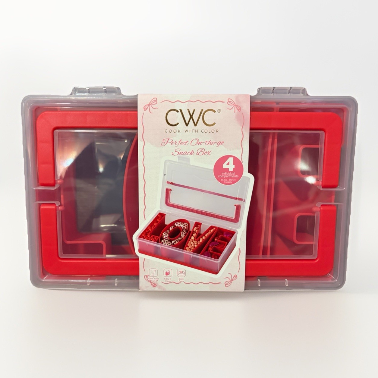 CWC LOVE Snack Box Bento 4 Compartment Snackle Container BPA Free Red Travel NEW