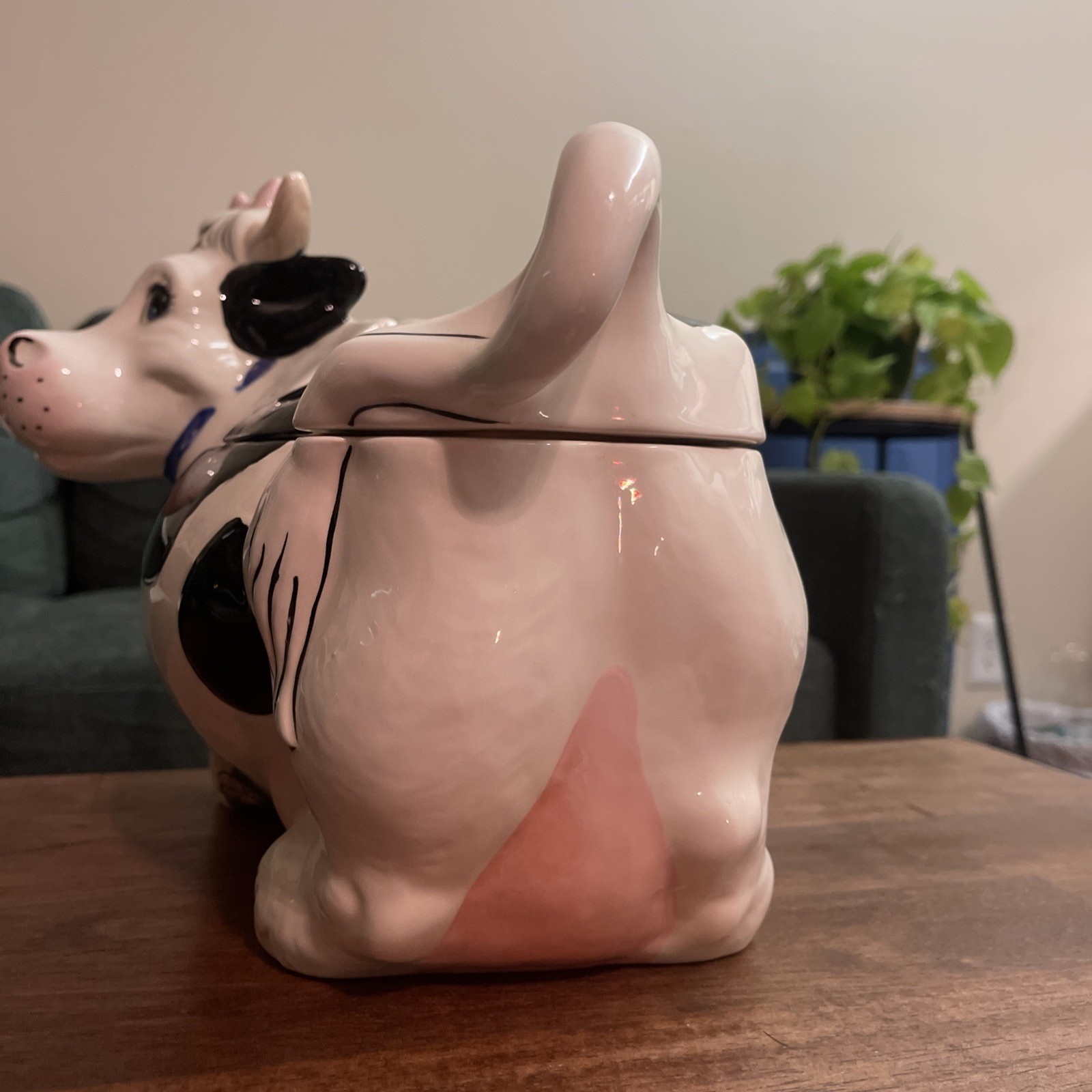 VTG Ceramic Cow Cookie Jar Black White Pink Bow Granny Twin Winton Cottage 16″