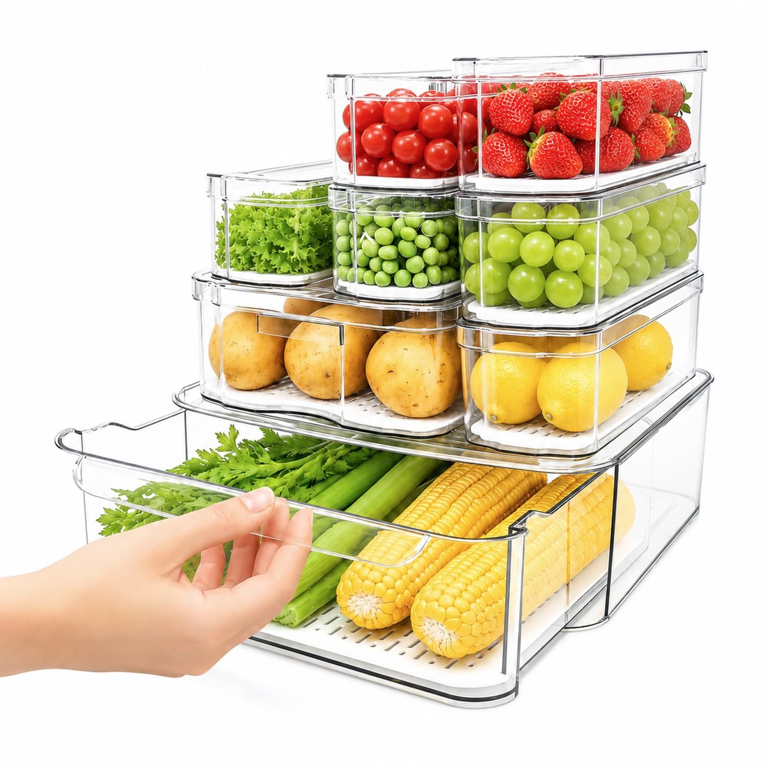 SMRCAD Fridge Organizers and Storage, 8 Bins (Include Pull Out Drawer), clear