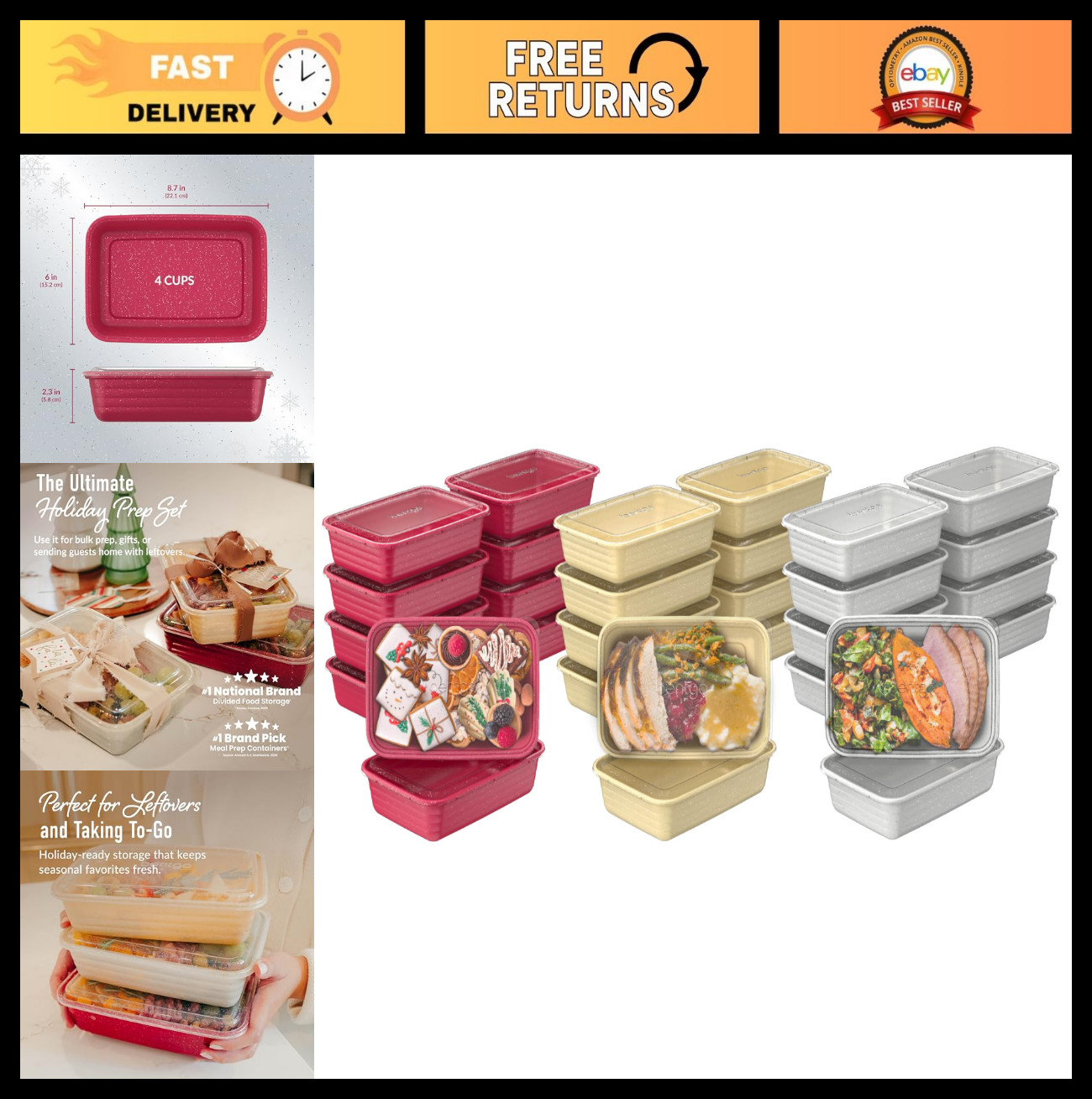 60-Piece Holiday Food Storage Set – 1-Compartment Meal Prep Containers, BPA-Free