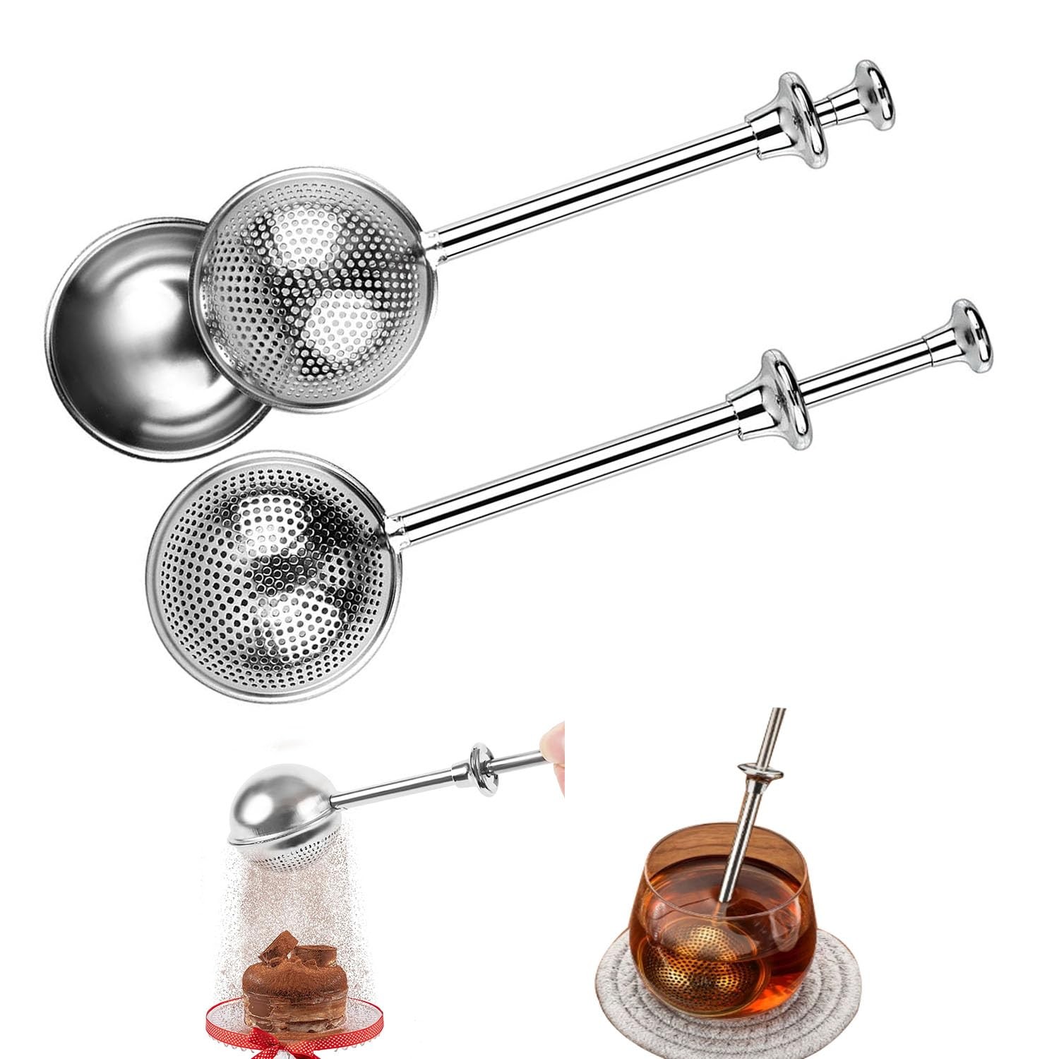 2pcs Stainless Steel Loose Tea Leaf Steeper&Sugar Shaker Duster Sifter 2 in…