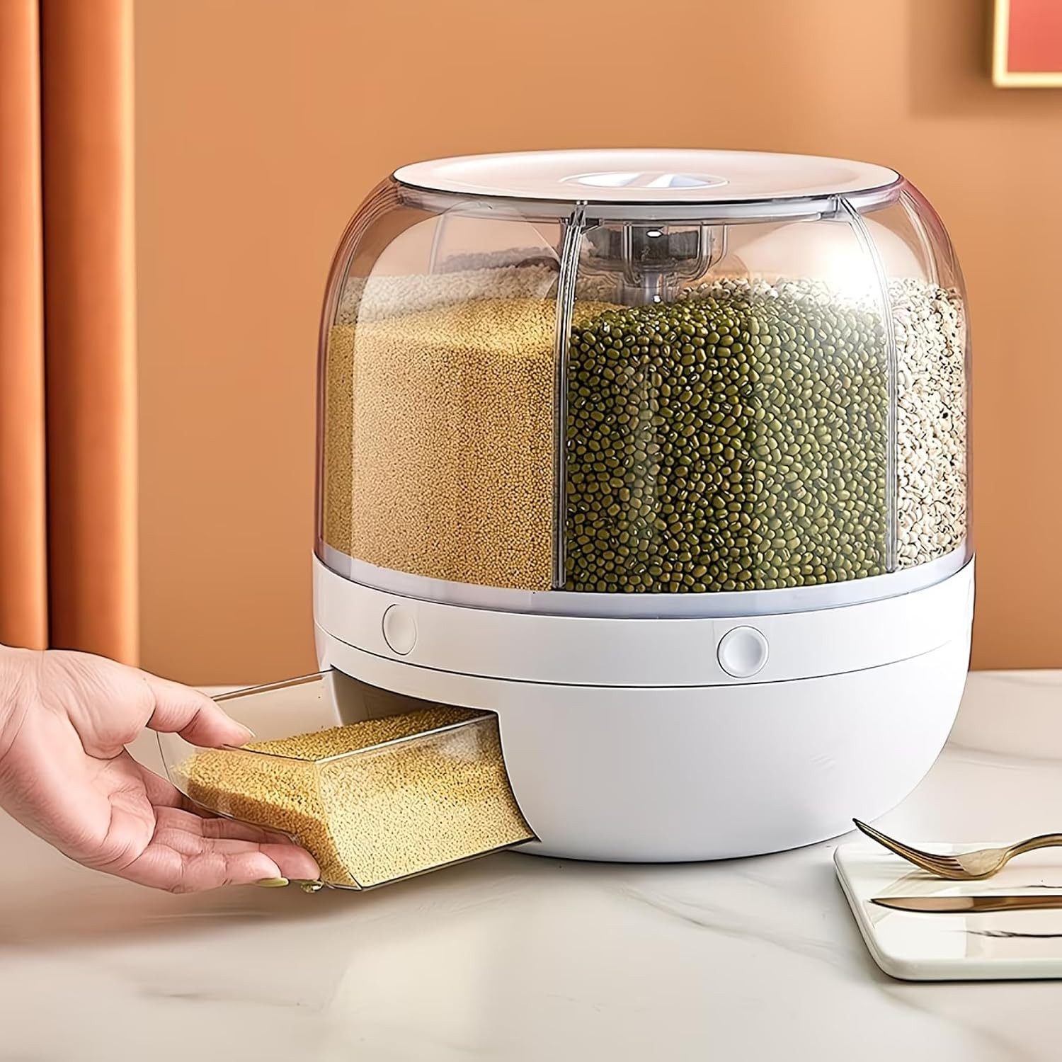 13Lbs Medium Grain Dispenser 360°Rotating Rice Food Dispenser 6 Grids Rice Conta