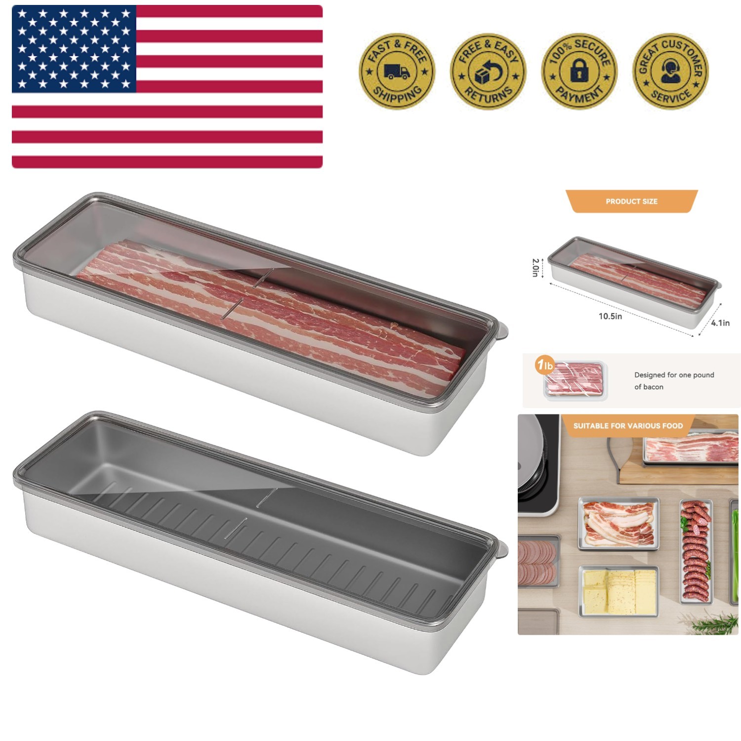 Bacon Container for Refrigerator, 1 Pack 304 Stainless Steel Airtight Deli Me…