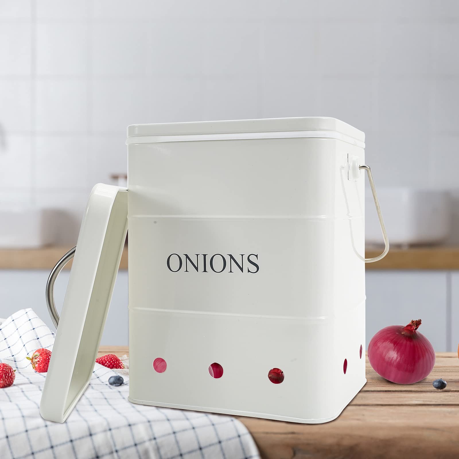 Onion Storage Bin Metal Tin with Aerating Holes – Kitchen Pantry Organizer Fresh