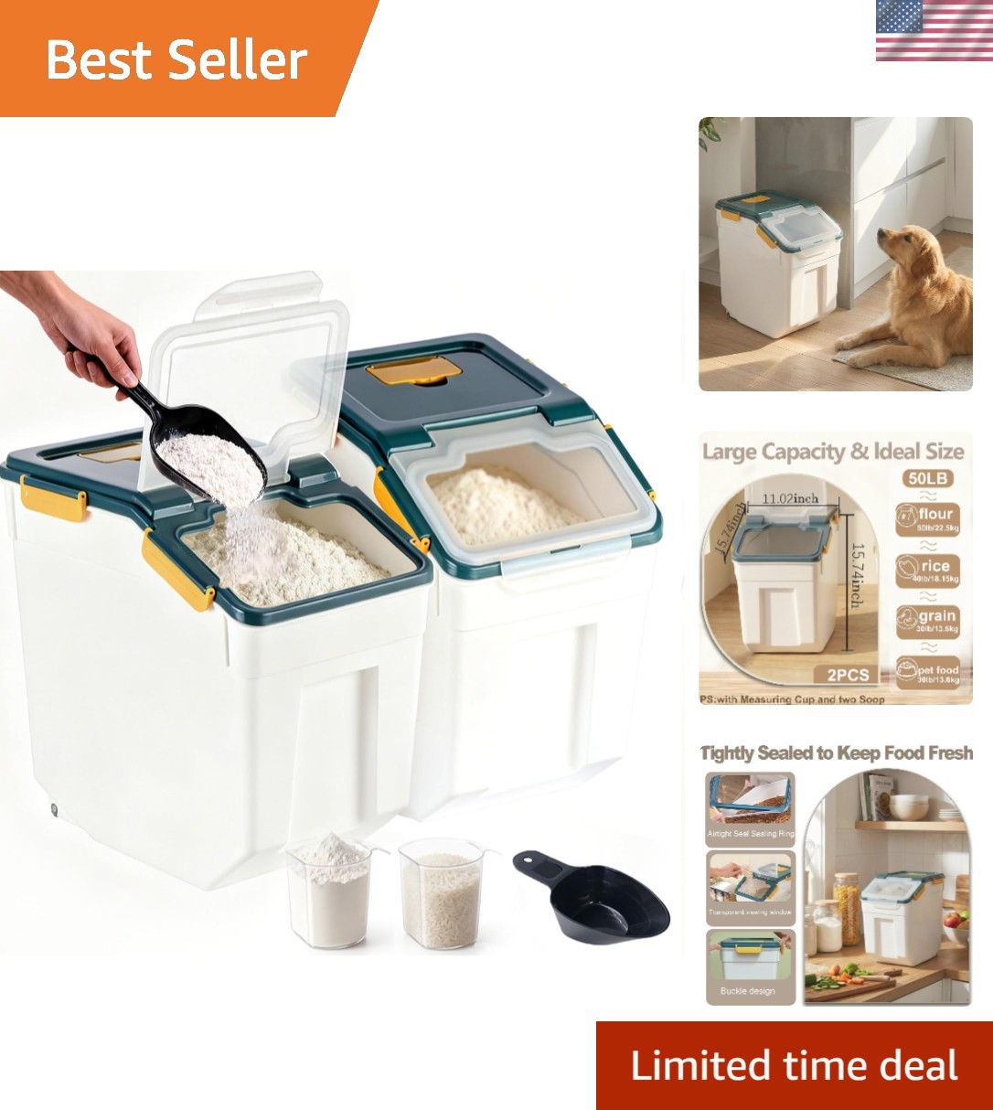 2-Pack 50Lb Airtight Flour Storage Bin with Wheels & Seal Locking Lid – BPA Free