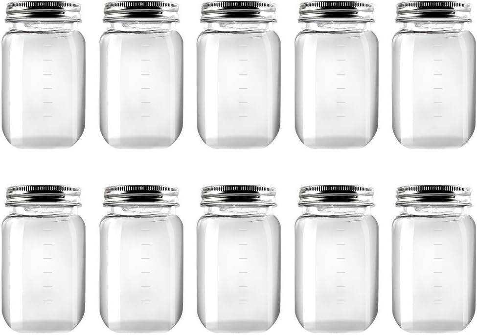 10 Pack 16 Ounce Clear Plastic Food Storage Jars With Silver Metal Lids
