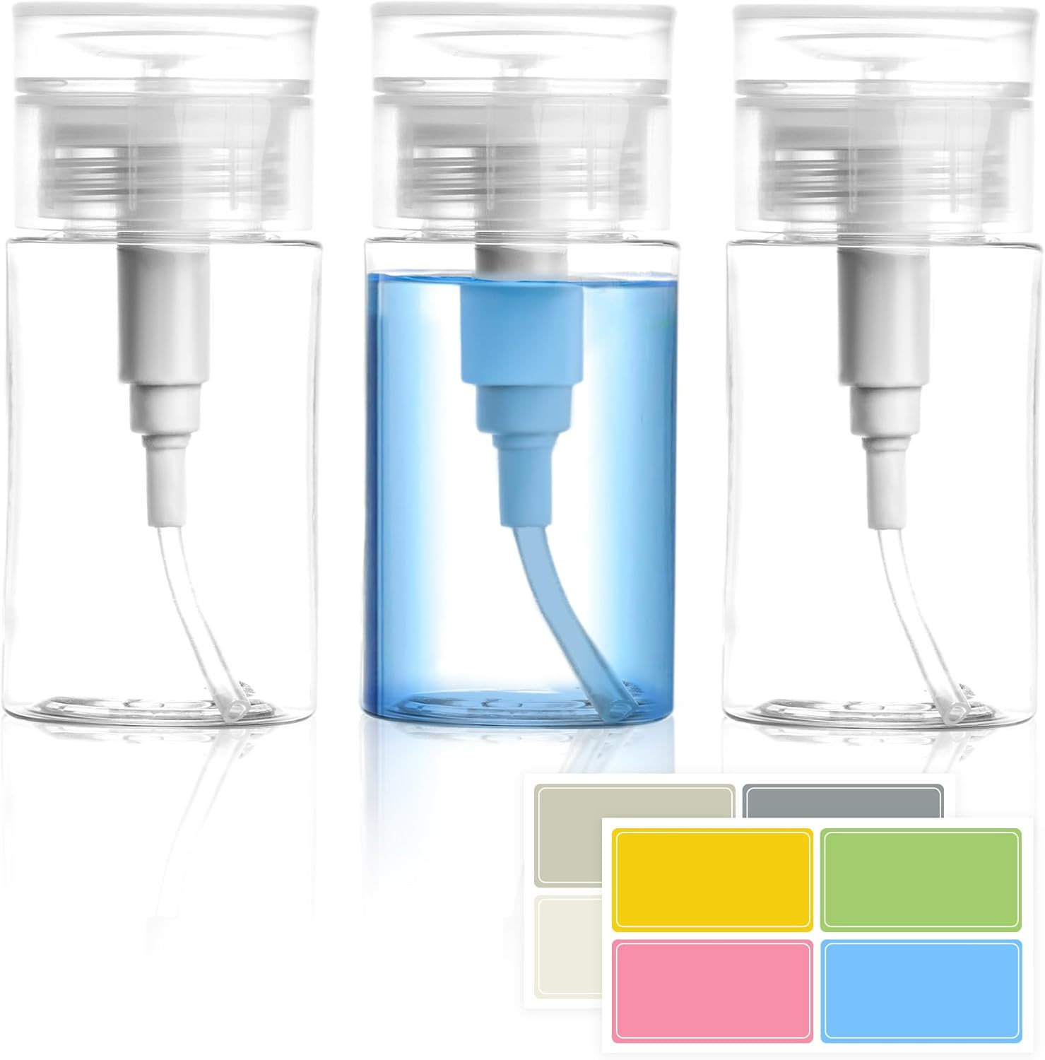 3 Pack Push down Pump Dispenser,Clear Push Top Empty Bottles with DIY Stickers f