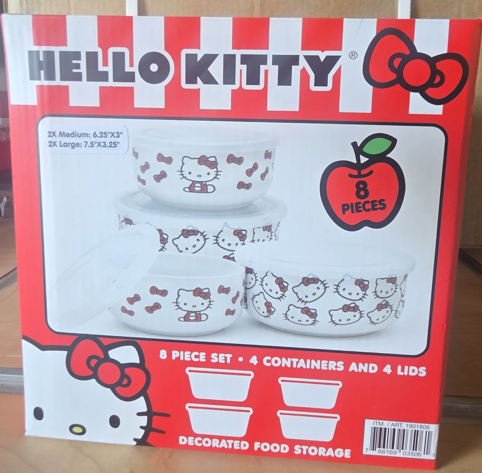 Hello Kitty Ceramic Bowl Set w/ Snap Lids 8pc White/Red/Clear Med/Lg
