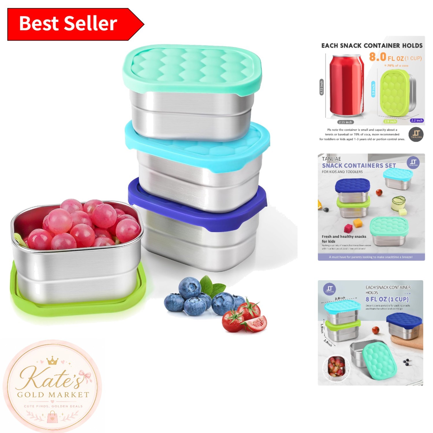 4 Pack 8oz Plastic-Free Snack Containers with Silicone Lids – Perfect for Kids