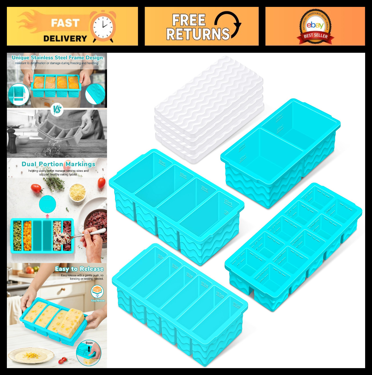 Stackable Silicone Freezer Trays with Lid – 4-Pack Meal Prep Containers, Ice Cub