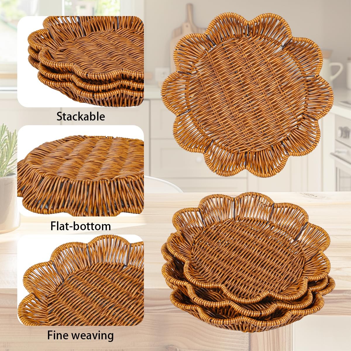 3pcs Poly Wicker Bread Basket,Imitation Woven Fruit Basket Tabletop Tray,Hand…