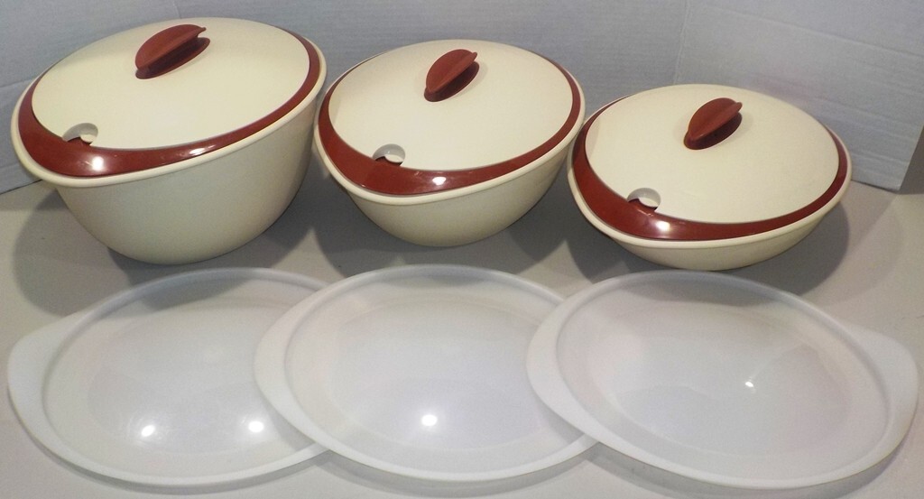 TUPPERWARE HEAT N SERVE STORE INSULATED Oval Serving Bowl w/ LIDS 4 pc Set x 3!!