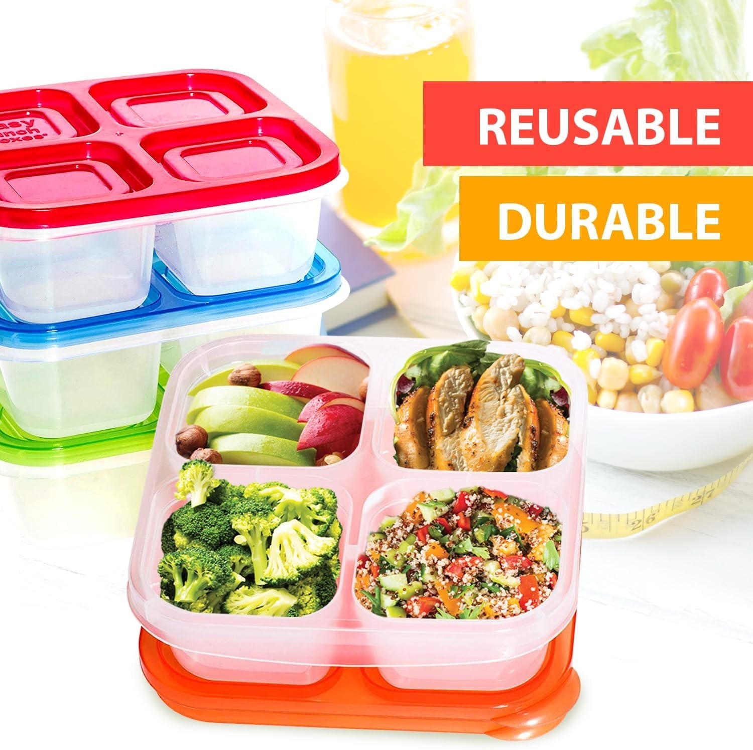 Classic Color 4-Compartment Meal Prep Containers: Set of 6, Microwave Safe