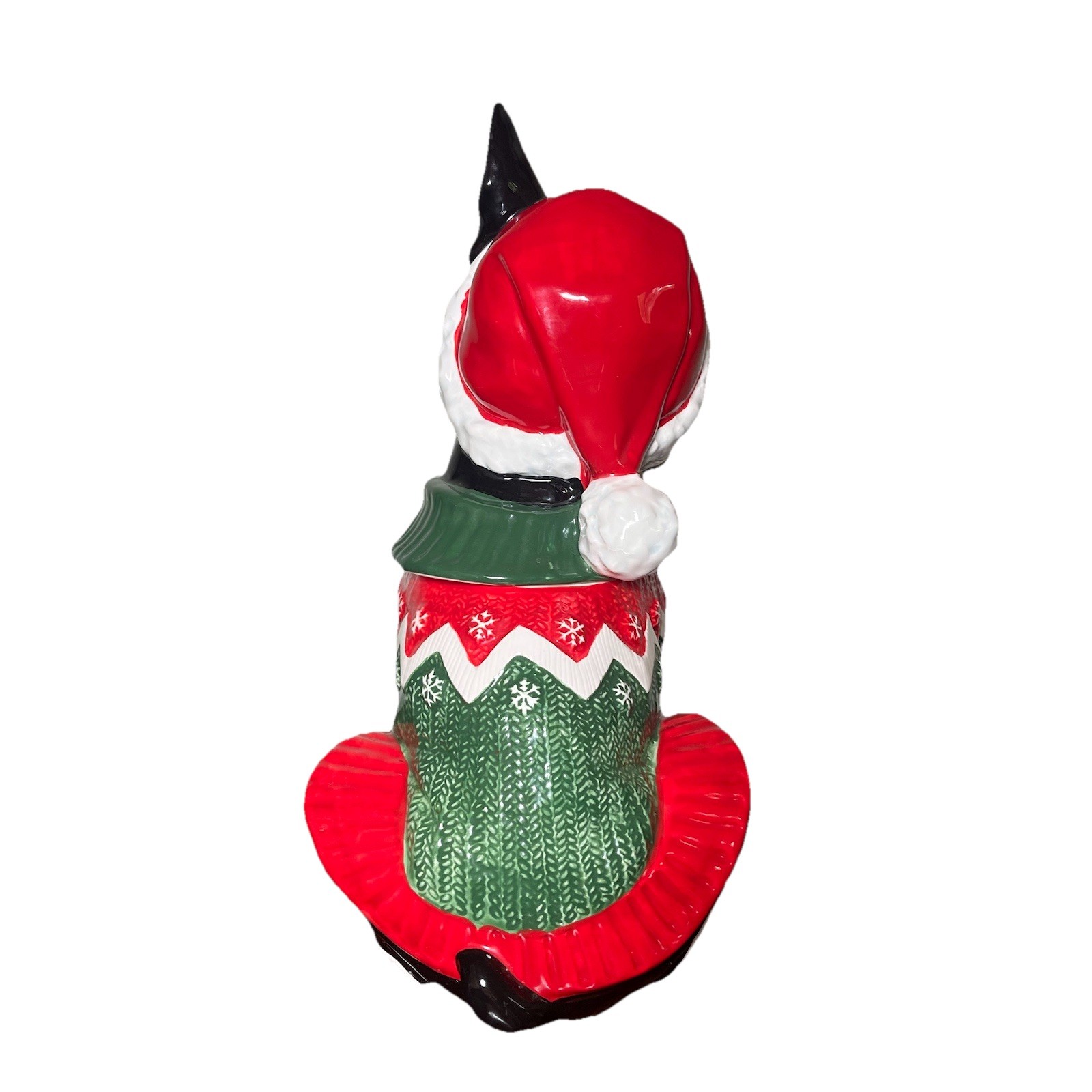 Blue Sky Clay Works Boston Terrier Christmas Cookie Jar Santa Hat Sweater 13.5”