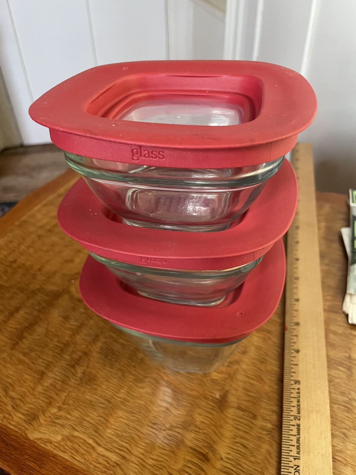 Vintage Rubbermaid Glass Square Food Storage- 3 Glass Bowls W/“peek window” Lids