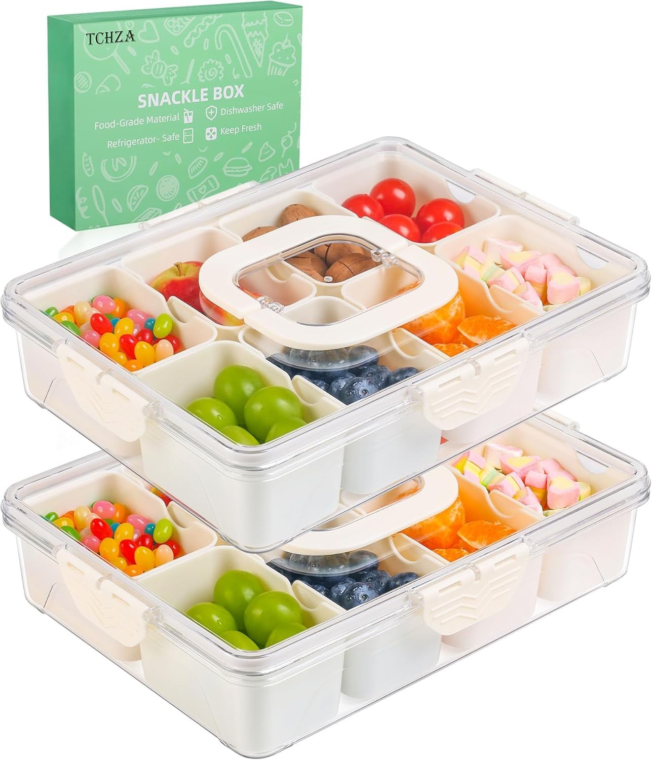 Snackle Box Container Dishwasher Safety Divided Serving Tray W/ Lid & Handle