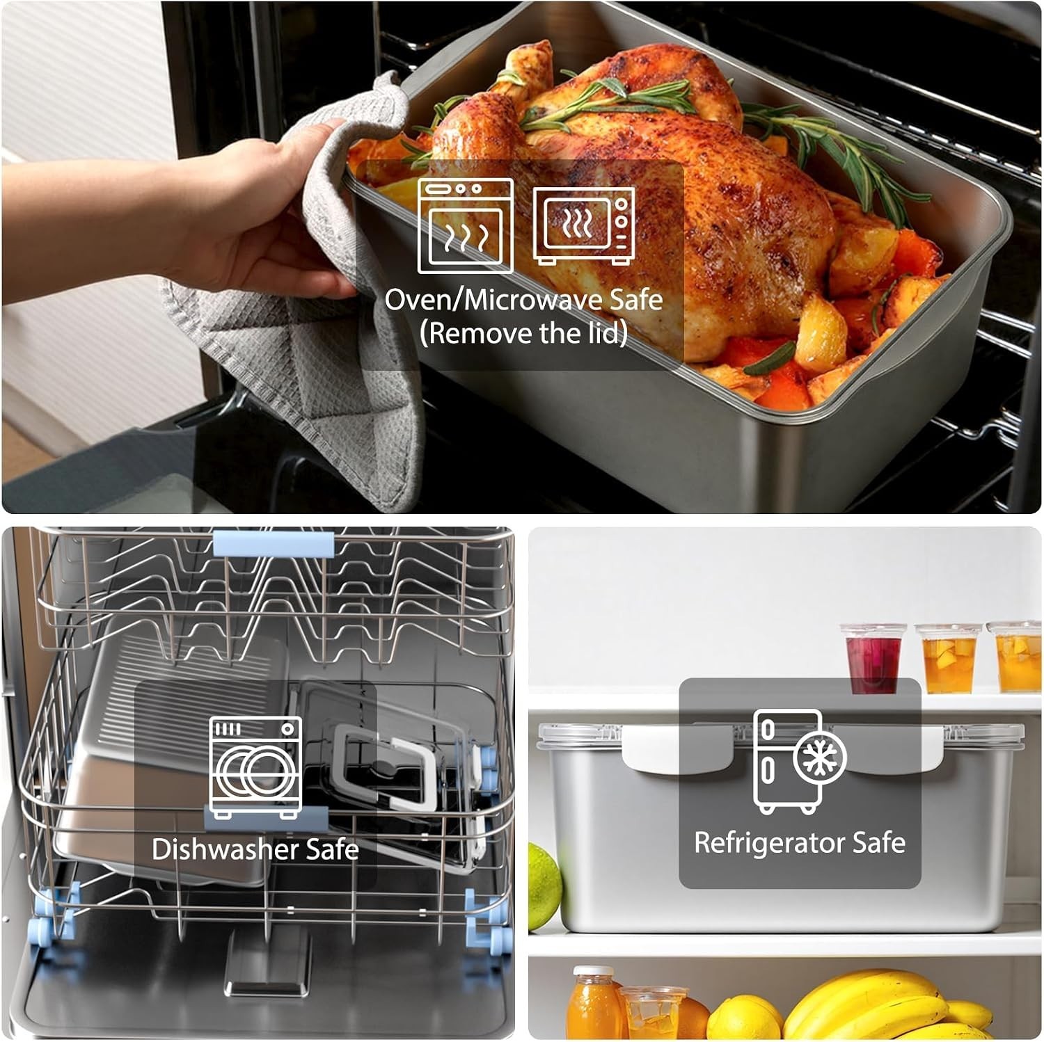 7000ML 304 Stainless Steel Food Storage Container with Lid Handle Oven Safe