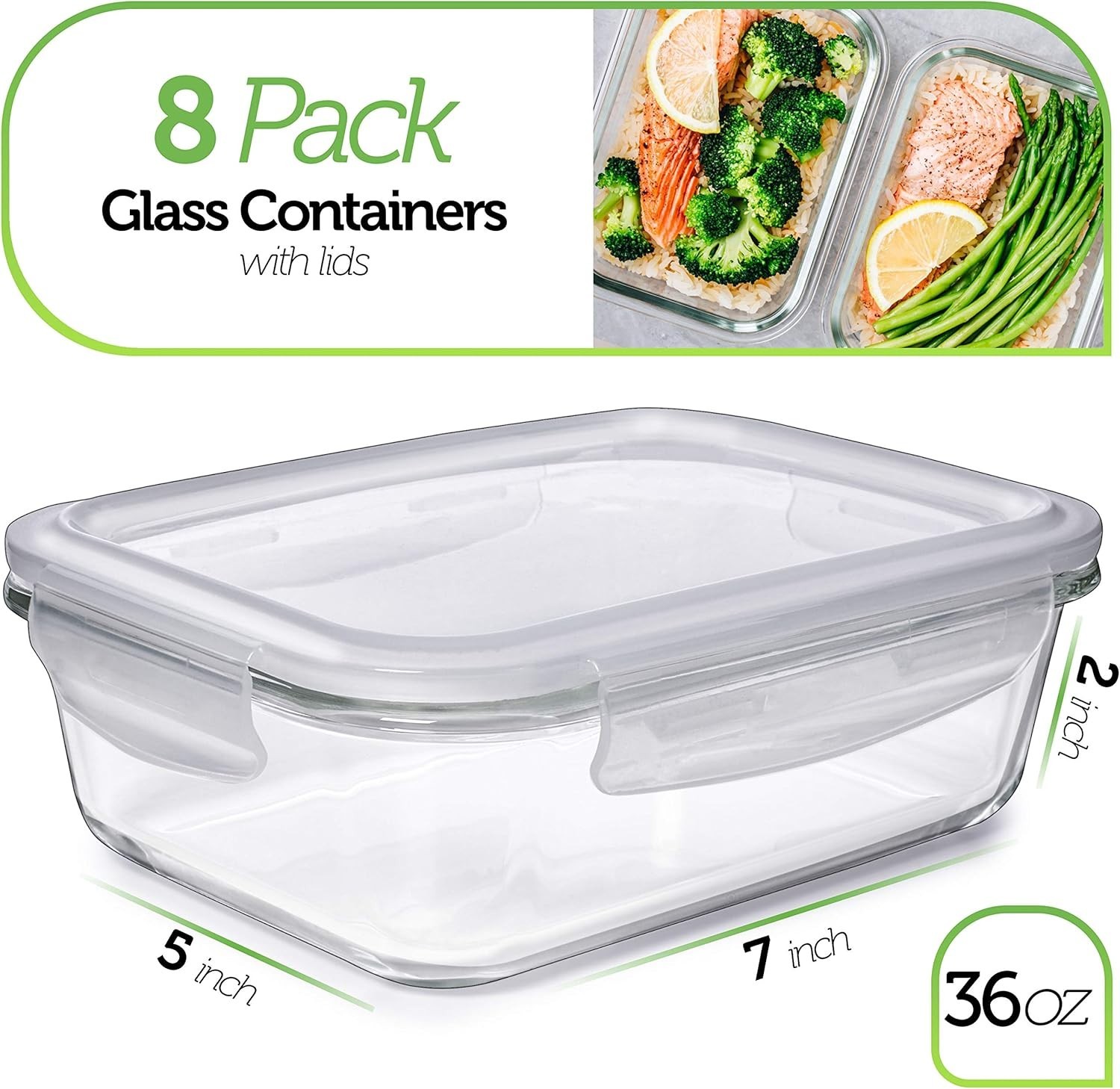 Borosilicate Glass Meal Prep Containers – 8 Pack 36oz