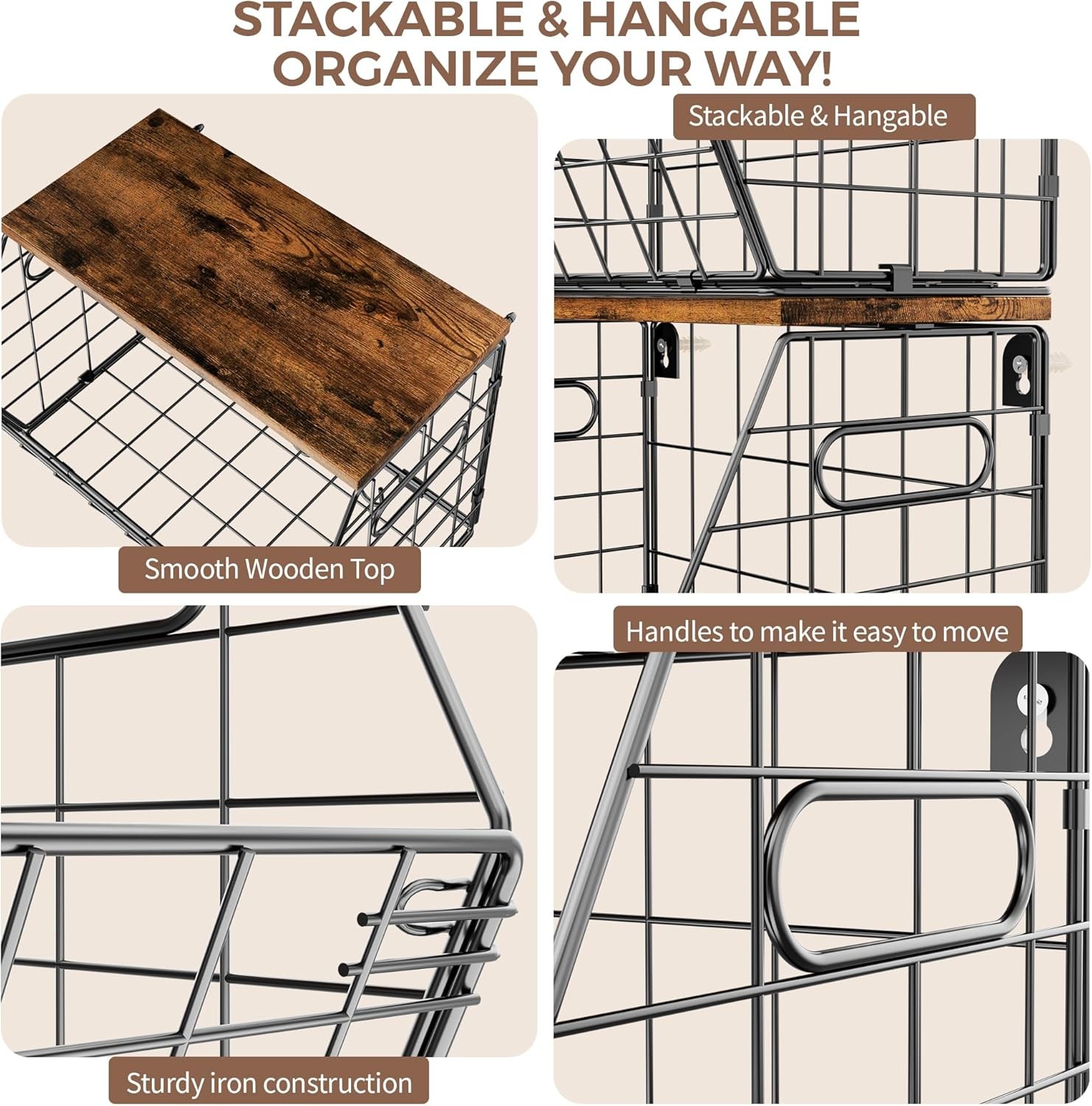 Stackable Metal Fruit Basket with Wooden Lid – Wall and Countertop Organizer