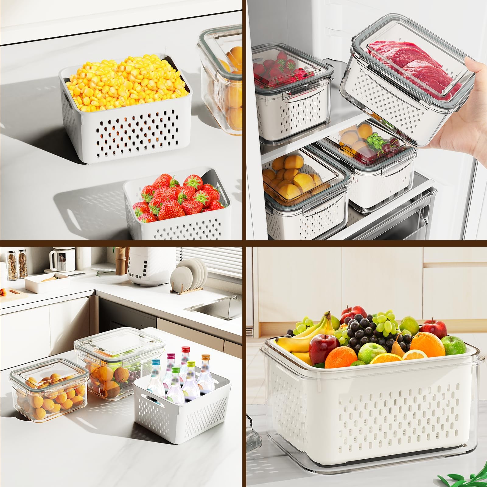 4 Pcs Fruit Storage Containers for Fridge (with Drain Basket) – Leak-Proof Fo…