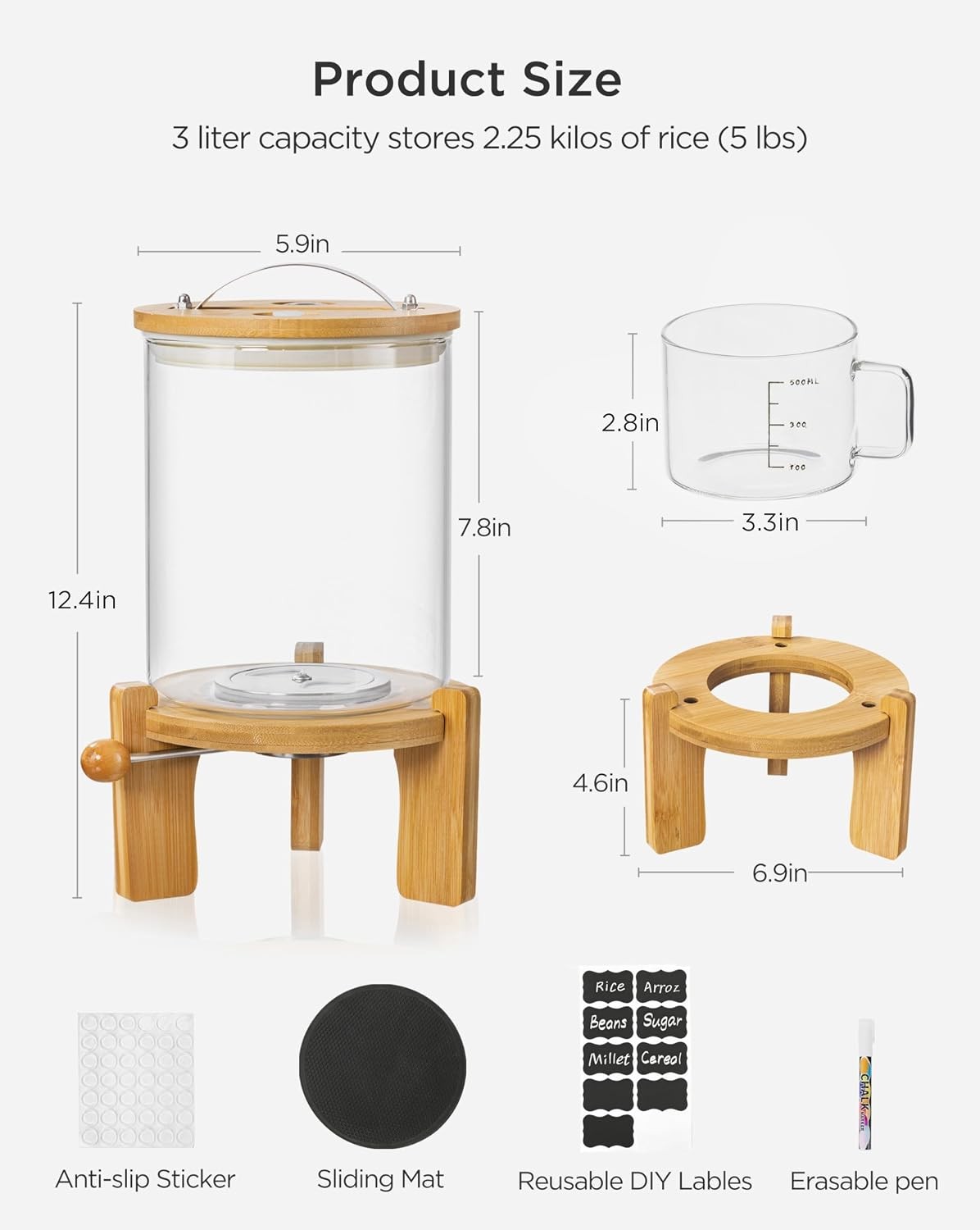 5-7 lbs Glass Rice Dispenser W/ Wooden Stand Flour & Cereal Container W/ Glass